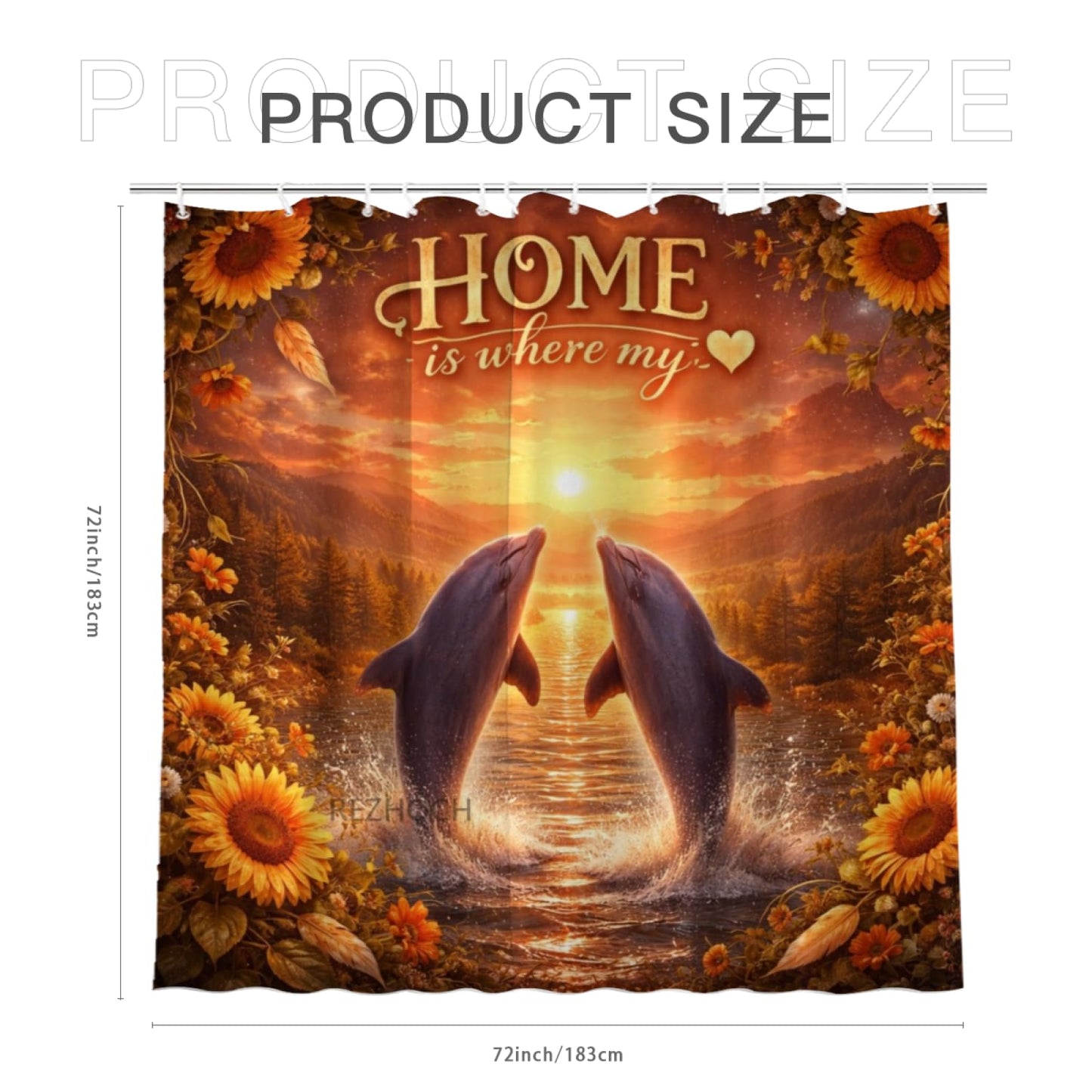 REZHOCH Funny Dolphin Shower Curtain 72x72 Inch Rustic Farmhouse Home Bathroom Decor,Cozy Warm Golden Sunset Sunflower Cute Animals Nature Mountain Forest Bath Set with Hooks