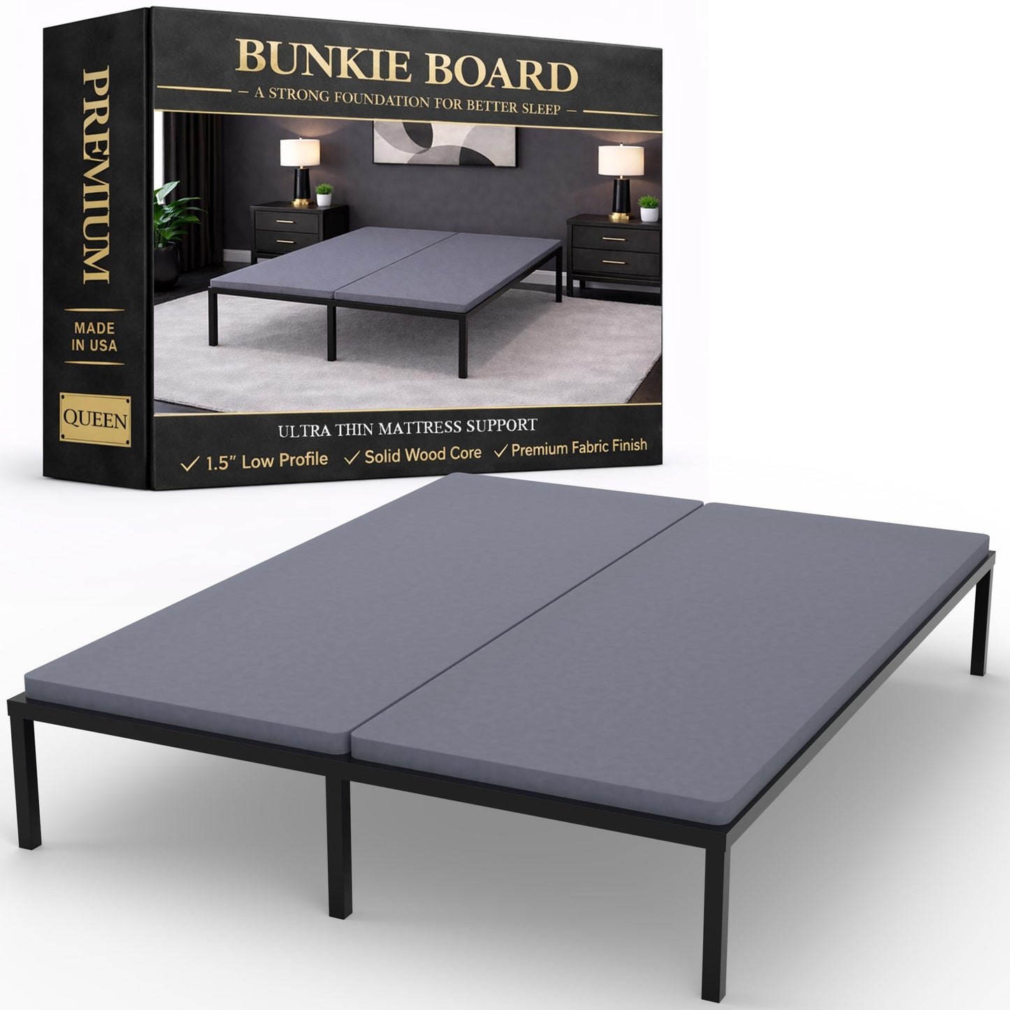 Greaton, Premium 38mm Solid Surface Wood Bunkie Board Queen Size Bed Frames - 2-Piece Under Mattress Support Board, Fully Assembled, Fabric Ventilation Cover - Replaces Wooden Slats or Box Spring