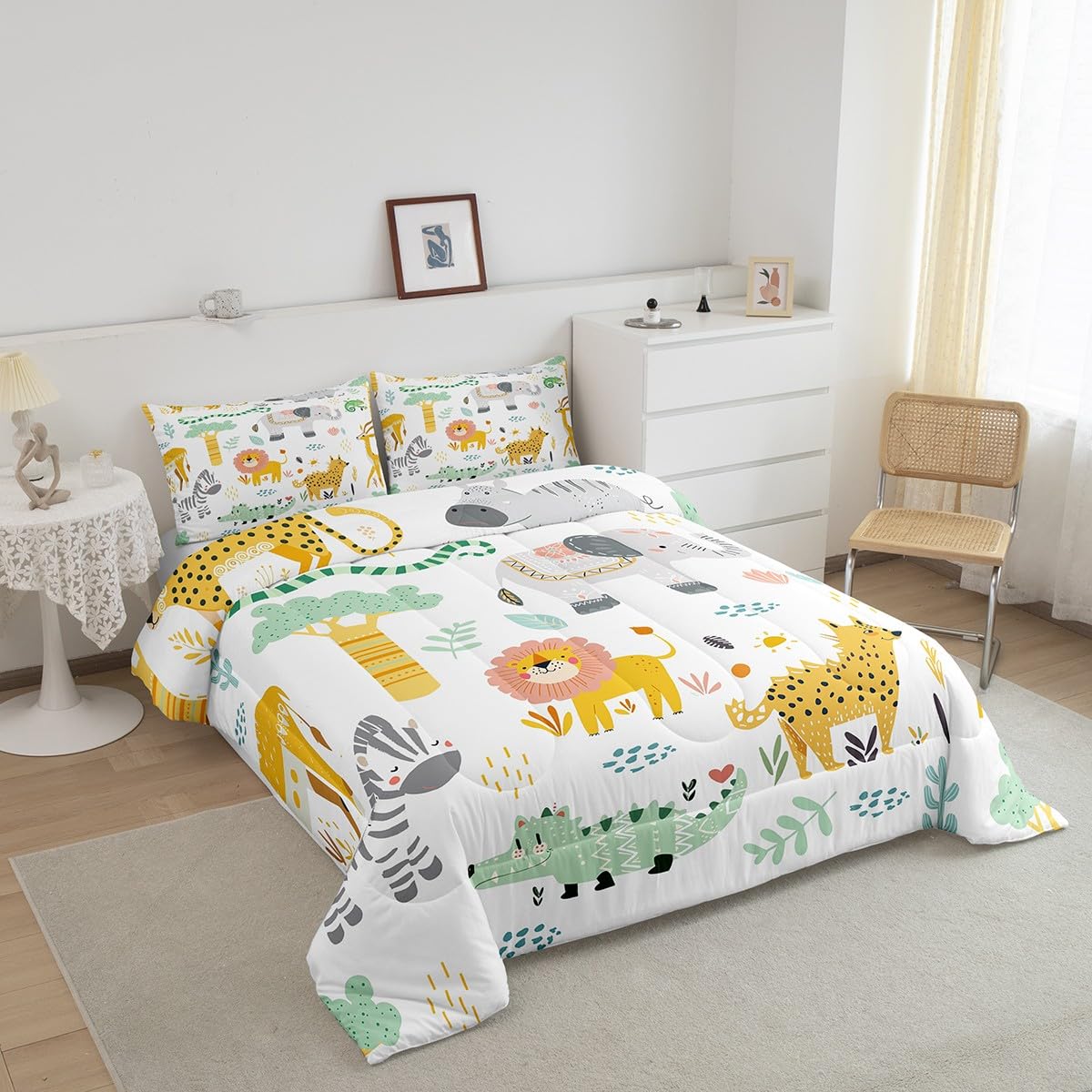 Feelyou Cartoon Animals Bedding Set Zoo Animal Comforter Set Wildlife Comforter for Women Men Room Decor Cute Lion Zebra Elephant Duvet Set King Size with 2 Pillow Case