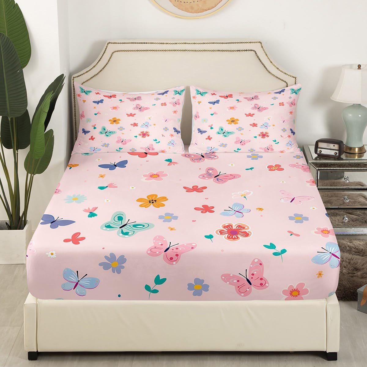 Erosebridal Kawaii Butterfly Twin Bedding Set,Cute Pink Floral Fitted Sheet for Girls Kids,Coquette Flower Garden Bed Set,Pink Girly Princess Bed Sheets 2Pcs Room Decor (No Flat Sheet)