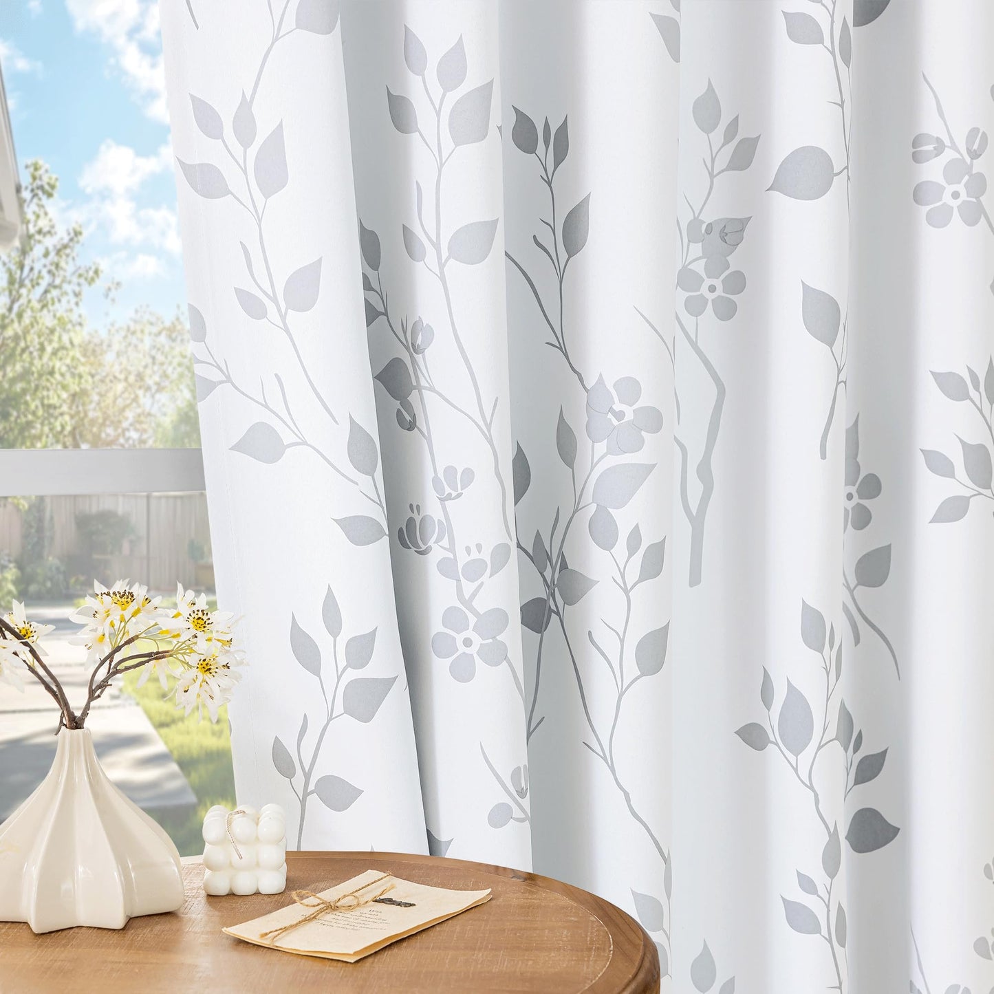 Beauoop Floral 100% Blackout Curtains 84 Inches Long 2 Panels for Bedroom Living Room Grey White Flower Patterned Room Darkening Thermal Insulated Soundproof Grommet Window Treatments Drapes, 52X84