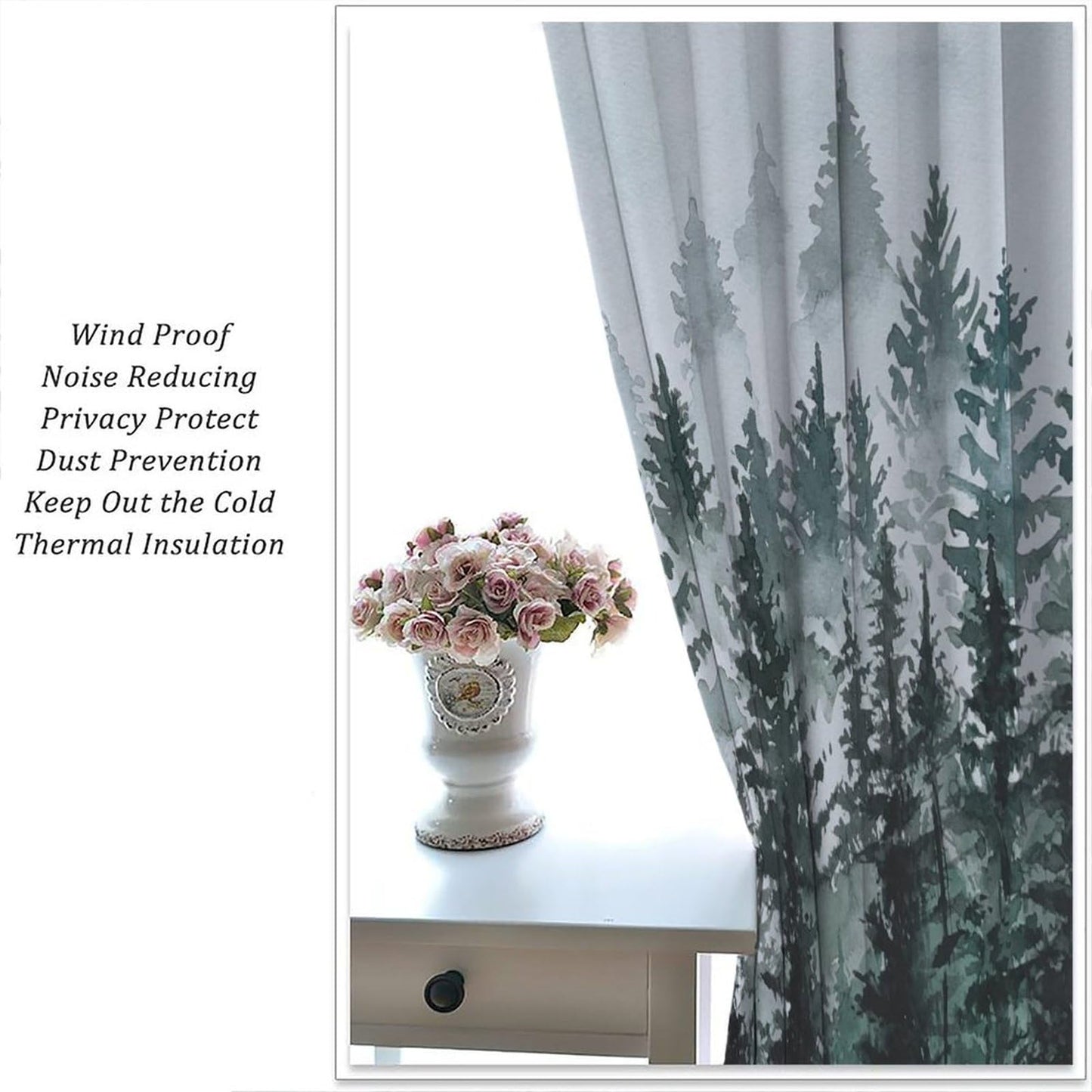 HZOHNAGO Forest Curtains Misty Watercolor Pine Trees Pattern Blackout Print Rod Pocket Window Drapes for Bedroom Living Room 42x45in