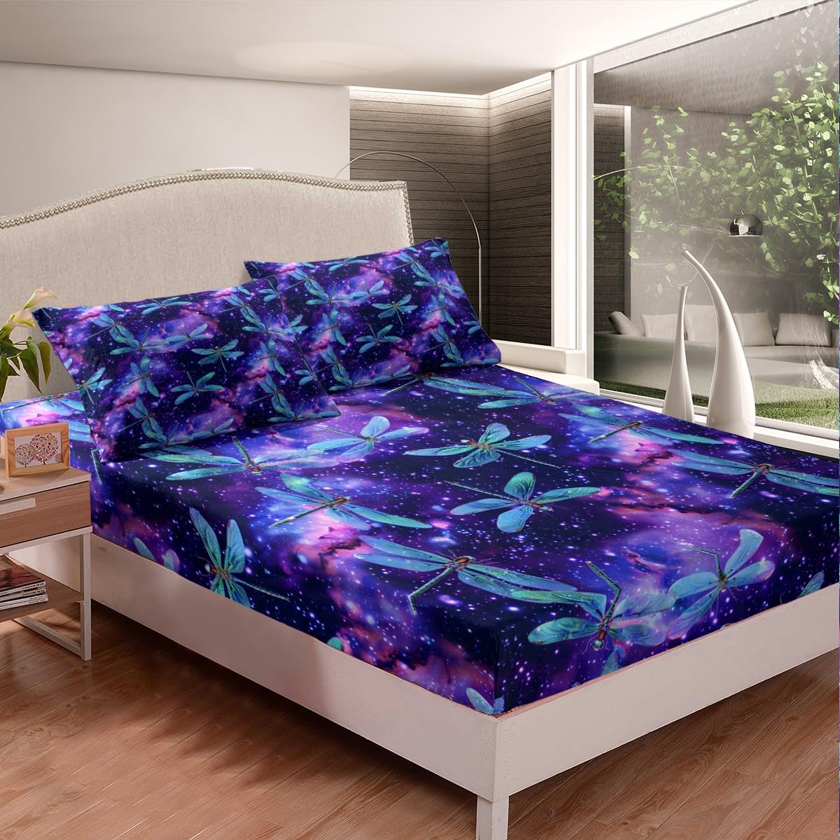 Feelyou Dragonfly Fitted Sheet s Animal Pattern Bedding Set for Boys Girls Children Purple Blue Galaxy Bed Sheet Set Ornamental Dragonfly Printed Room Decor Twin Size 2Pcs