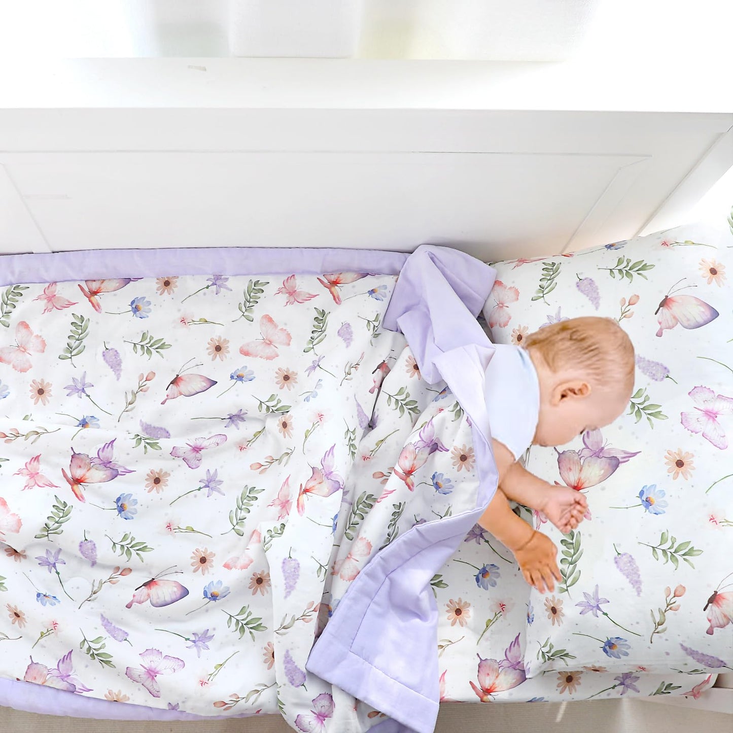 Pea Pod Muslin Toddler Bedding Set 3-Piece - Soft Breathable Crib Bedding with Fitted Sheet, Quilt & Pillowcase for Infant & Kids Bed | Machine Washable Nursery Bed Set (Butterfly)