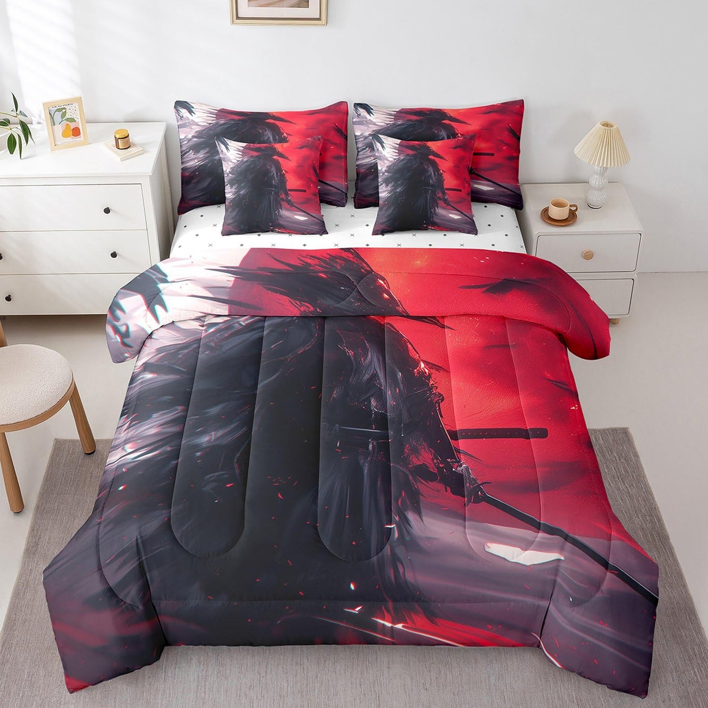 7 Pieces Twin Size Japan Ukiyo-e Samurai Comforter Set,Japanese Samurai Sword Bedding Set for Boys Men,Moon Crow Jungle Bird Animal (Comforter+Fitted+Flat Sheet+2 Pillowcases+2 Throw Pillow Covers)