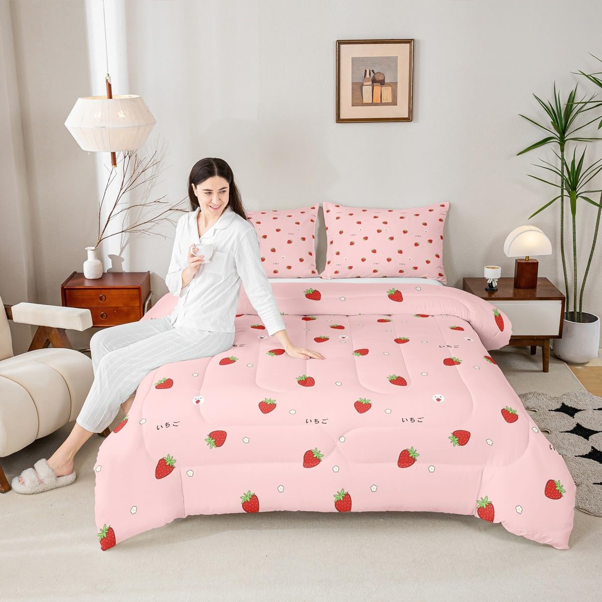 Erosebridal Cute Strawberry Comforter Set Queen Kawaii Japanese Bedding Set, Red Reversible Soft Sweet Cartoon Fruit Duvet Set for Girls Kids Gift Pink Warm Down Comforter Room Decor
