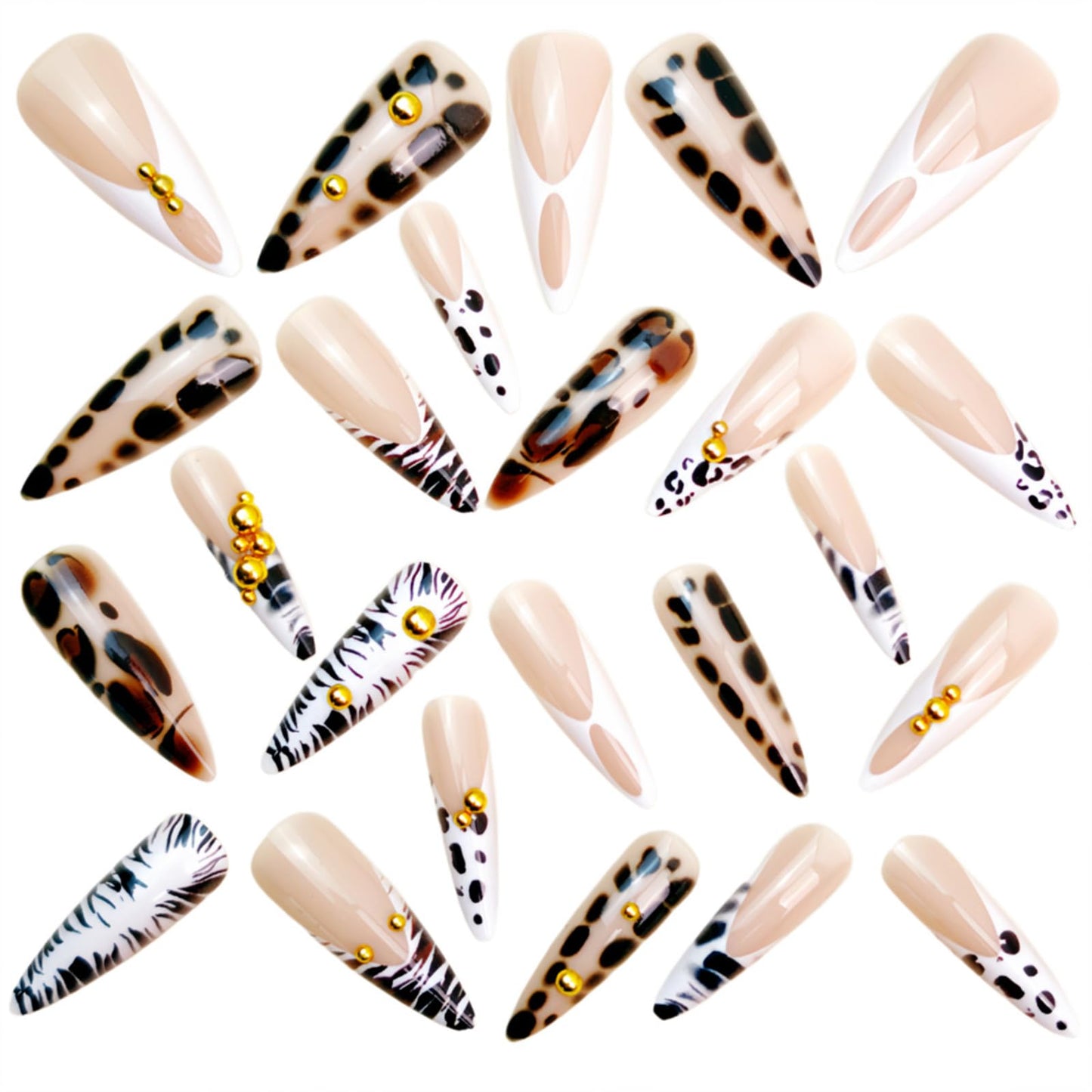 SINHOT Stiletto Press on Nails Long - Long Fake Nails, Glossy Finish, Zebra Stripes & Gold Chrome Pearls, DIY Artificial False Nail Art - 24 Pcs Nail Kit with Glue