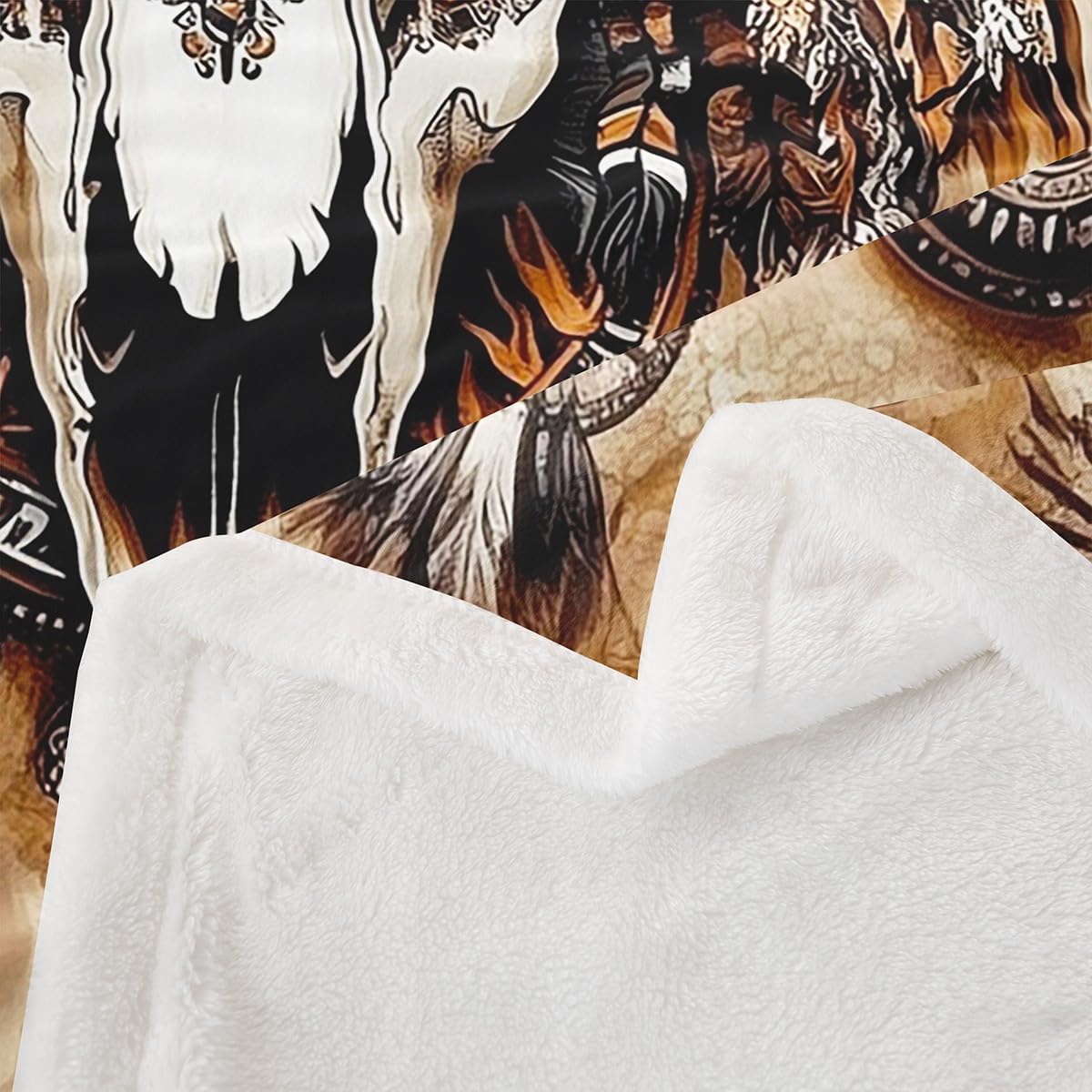 Longhorn Skull Fleece Blanket Gothic Sherpa Blanket 90"x90", Ethnic Tribal Southwestern Western Exotic Native American Fuzzy Plush Throw