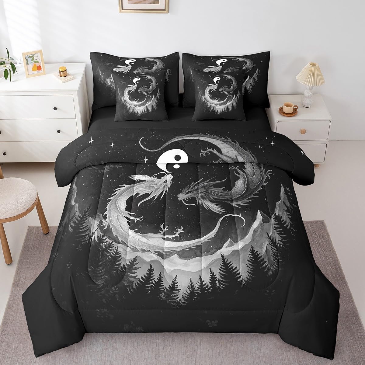 7 Pieces Dragon Taiji Comforter Set Queen,Japanese Style Bed Set for Kids Boys Girls,Glitter Star Pine Tree Bedding(1 Comforter,1 Fitted Sheet,1 Flat Sheet,2 Pillowcases,2 Throw Pillow Covers