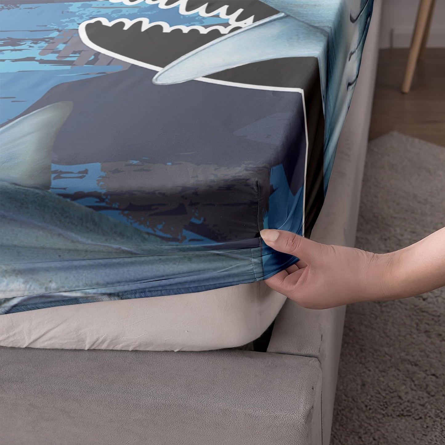 HOSIMA Blue Shark Fitted Sheet Set for Adults Kids,Cartoon Shark Pattern Bedding Set Full Size,Blue Ocean Animal Themed Fitted Sheet Set for Boys Room Decor,1 Fitted Sheet+2 Pillowcases.