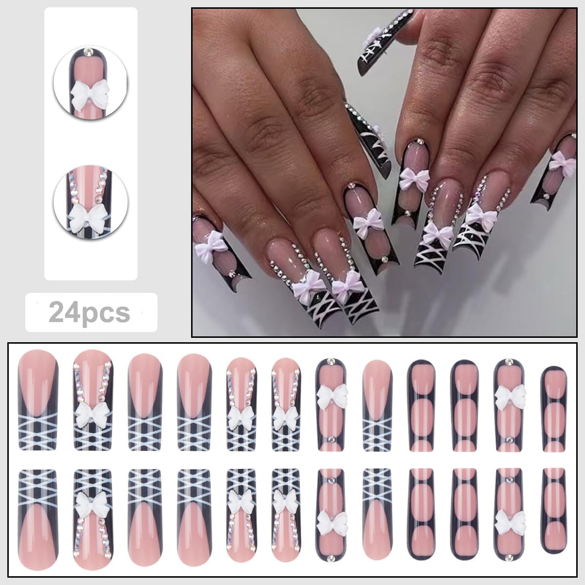 plalely Square Press on Nails Long Black Fake Nail 3D Bow and Rhinestones Acrylic Nail Press ons Stripes Stick on Nail for Women 24pcs