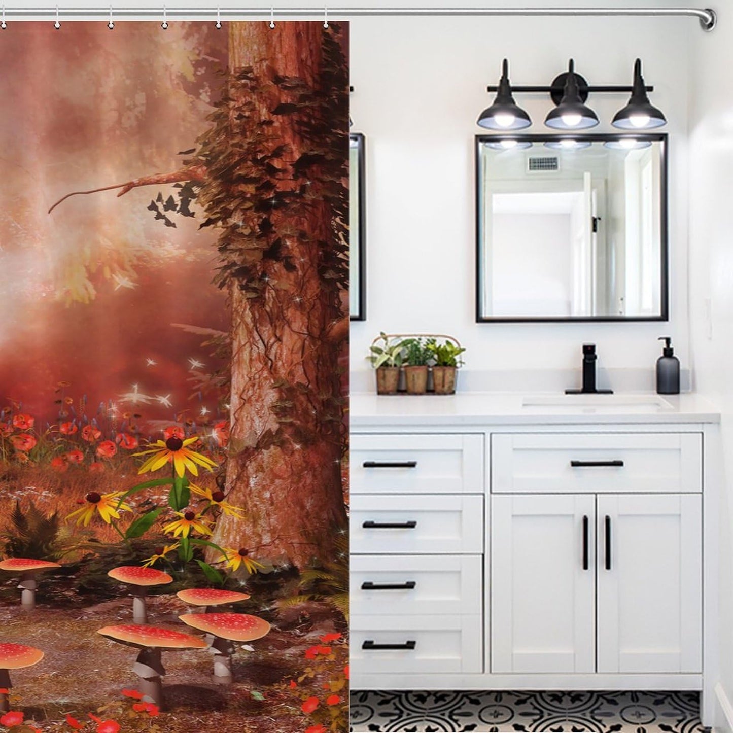 TYVGICZ Fantasy Forest Bath Curtain Fairy Magical Jungle Mushroom Floral Tree Butterfly Lantern Wonderland Nature Plant Shower Curtain for Bathroom Laundry Room Home Bedroom Decor,66x72 Inch