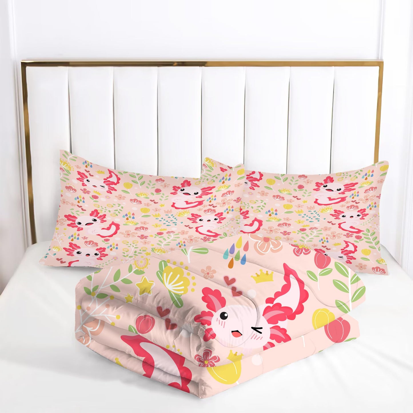 EDGZKO Axolotl Comforter Set Full Size Pink Floral Axolotl Bedding Sets for Kids Girls Teens Bedroom Cute Cartoon Flowers Bed Set 1 Comforter & 2 Pillowcases