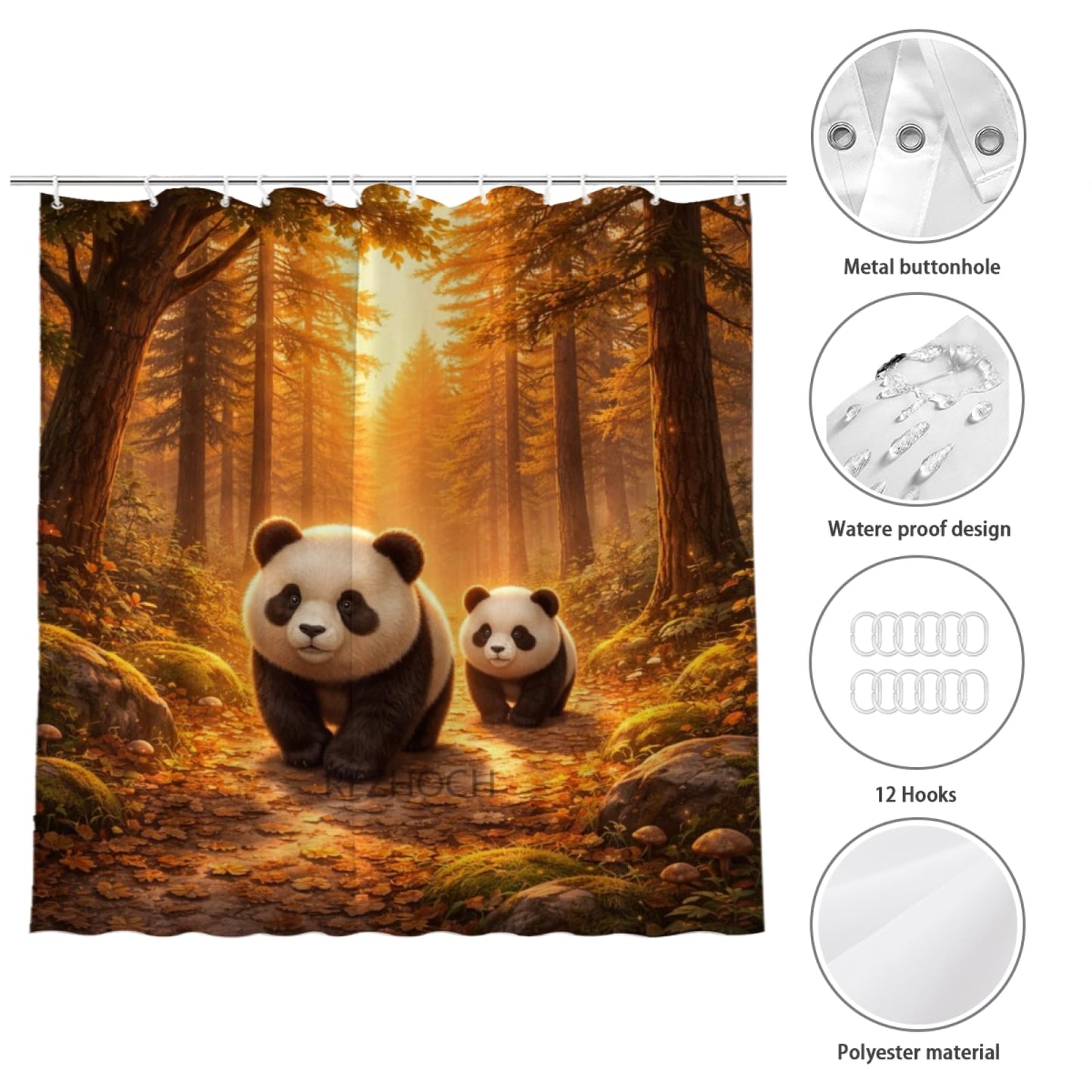 REZHOCH Cute Panda Forest Shower Curtain 72x72 Inch,Rustic Woodland Animals Home Bathroom Decor,Sunset Pine Oak Path Decor,Autumn Nature Waterproof Farmhouse Cabin Bath Set