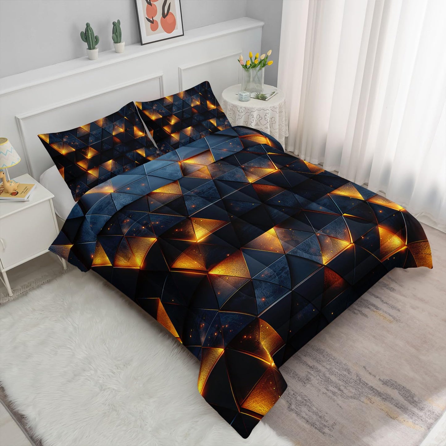 Smell Sunshine 3D Geometric Comforter Set Yellow Neon Light Printed Bedding Set with 1 Comforter and 2 Pillowcases for Boys and Girls Bedroom All Season(Geometric Twin)