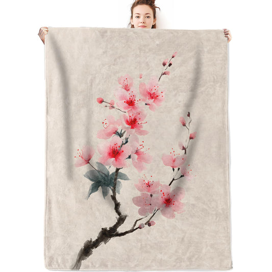 olpddz Cherry Blossom Flannel Blanket Gifts for Floral Lover,60x50inch,Japanese Watercolor Flower Branch Throw Blankets with Beige Background,for Bedroom,Sofa,Living Room,Camping Decor Throws