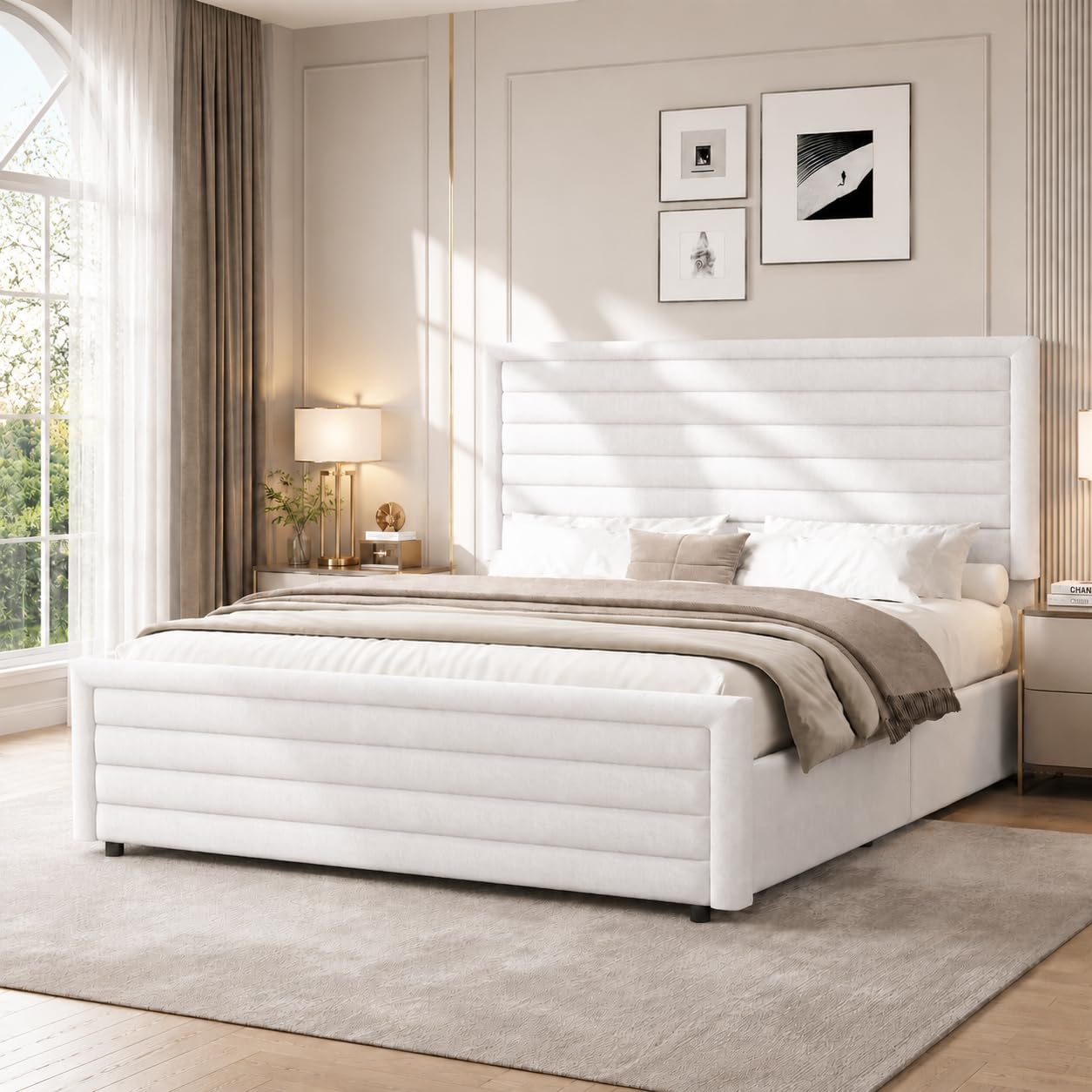REVOMINCA Full Size Bed Frame, Full Platform Bed Frame with Velvet Upholstered Headboard, No Box Spring Needed, Easy Assembly, White