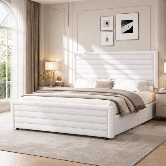 REVOMINCA Full Size Bed Frame, Full Platform Bed Frame with Velvet Upholstered Headboard, No Box Spring Needed, Easy Assembly, White
