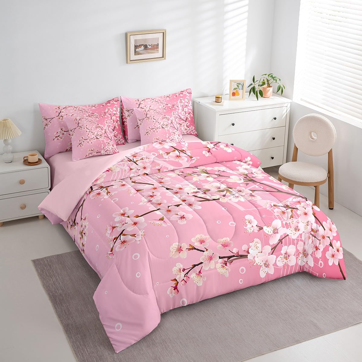 Erosebridal Japanese Sakura Bedding Set for Girls,Cherry Blossom Full Comforter Set 7 Piece Spring Cherry Pink Flower Tree Bed in A Bag Pink Dreamy Flowers Botanical Bed Set for Kids Teen Adults