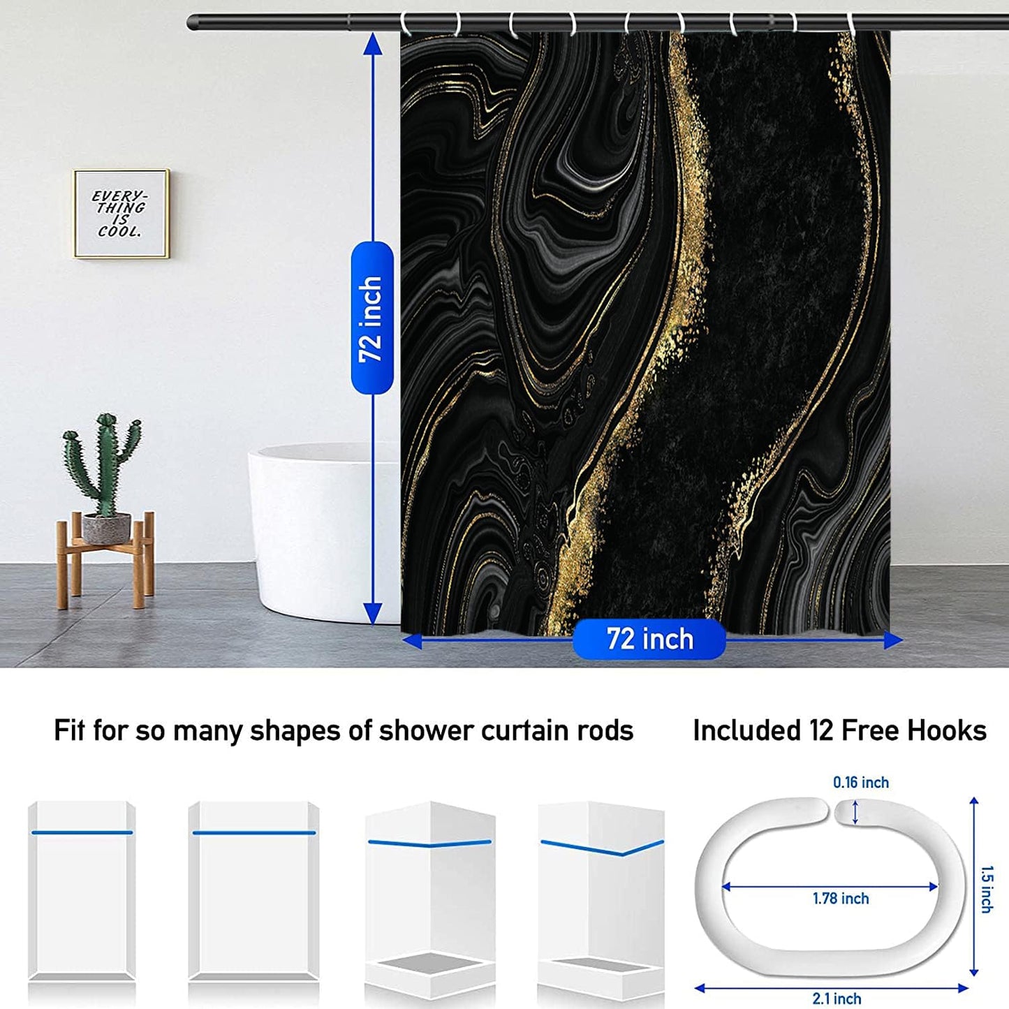 NBVKO 4Pcs Black Gold Marble Shower Curtain Sets with Rugs Bathroom Sets with Shower Curtain and Rugs Modern Abstract Bathroom Decor Accessories Shower Curtains for Bathroom Toilet Lid Cover