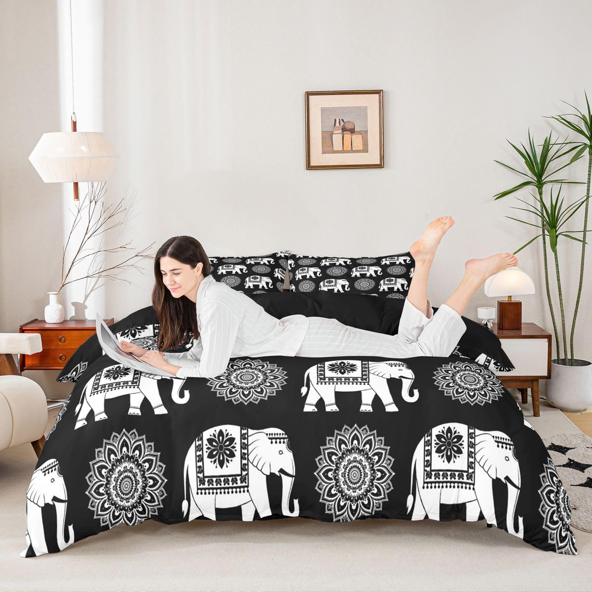 Erosebridal Elephant Bedding Set Twin Bohemian Floral Duvet Cover for Kids Teens Contemporary Aesthetic Comforter Cover Bohemian Cute Animal Bed Set