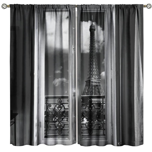 GoDazzling Paris Tower Curtains, Romantic European City Architecture Eiffel Tower Landscape Windows Treatments Rod Pocket Drapes for Bedroom Living Room 41" W X 45" L (No Blackout)