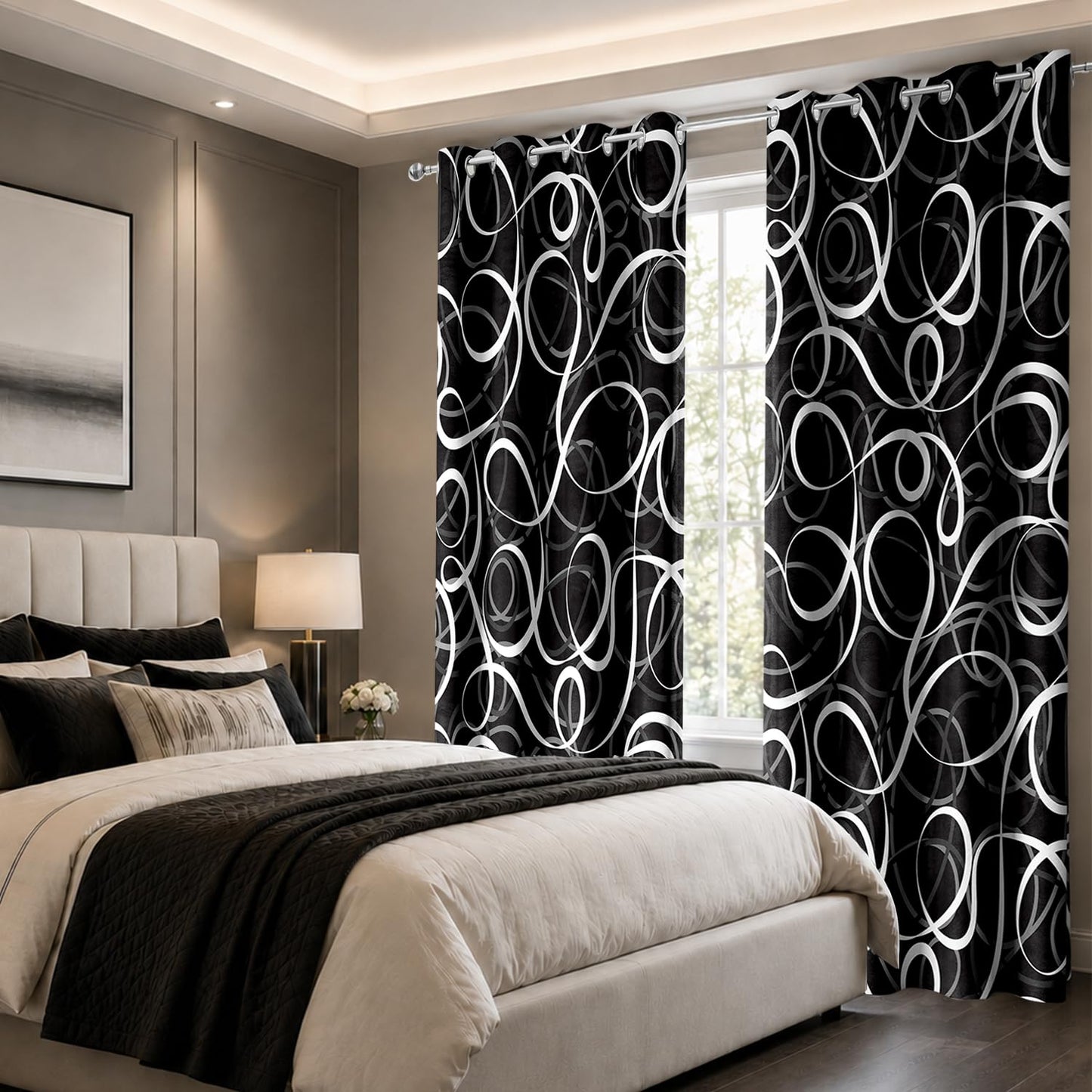JAZEAOI Black White Geometric Blackout Curtains, Modern Abstract Grey Black Out Window Drapes for Bedroom Living Room Grommet Thermal Insulated Room Darkening Decor, 2 Panels 52x84 Inches