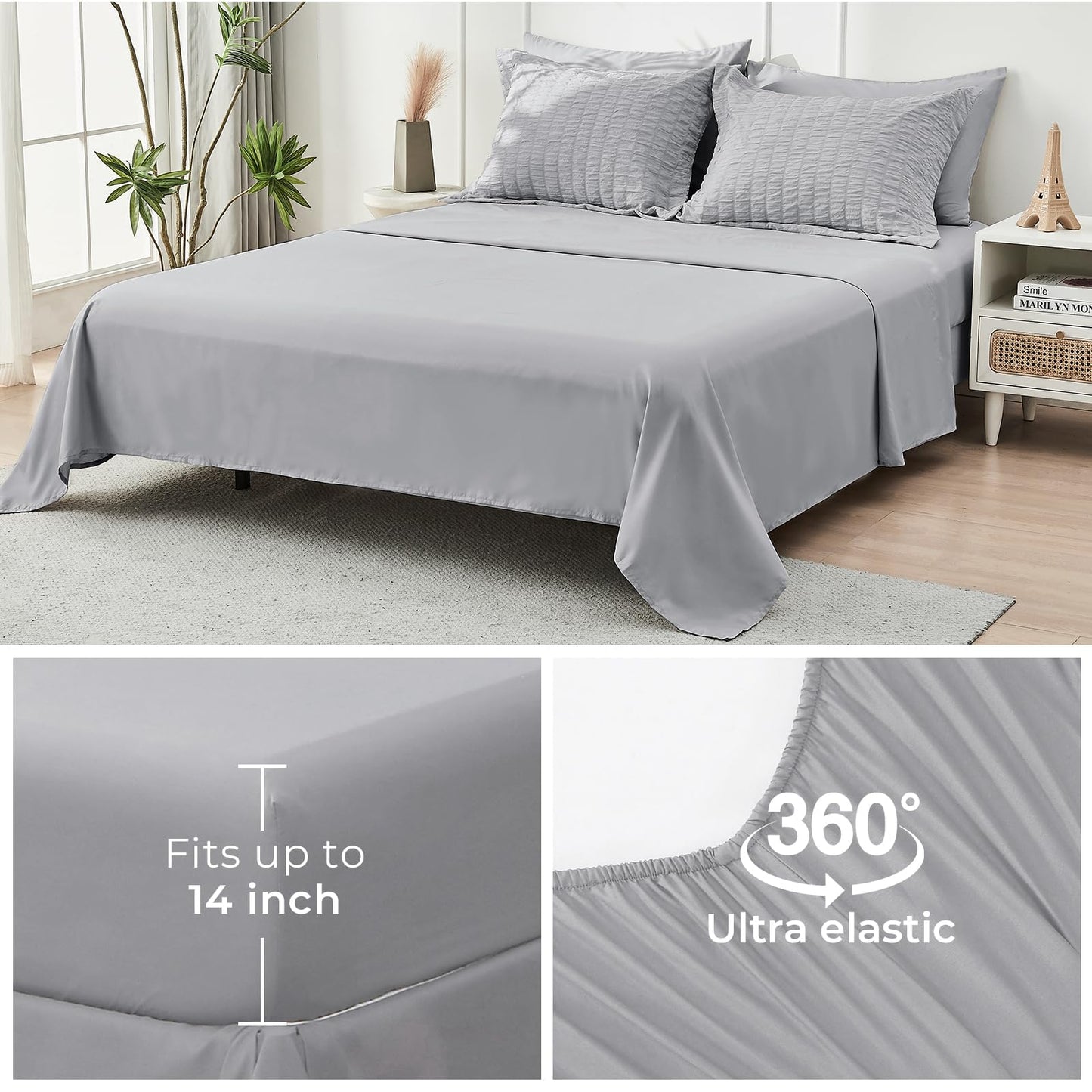 HYMOKEGE Light Grey Twin Comforter Set Seersucker 5 Pieces, All Season Luxury Bed in a Bag for Bedroom, Bedding Set with Comforters, Sheets, Pillowcase & Sham