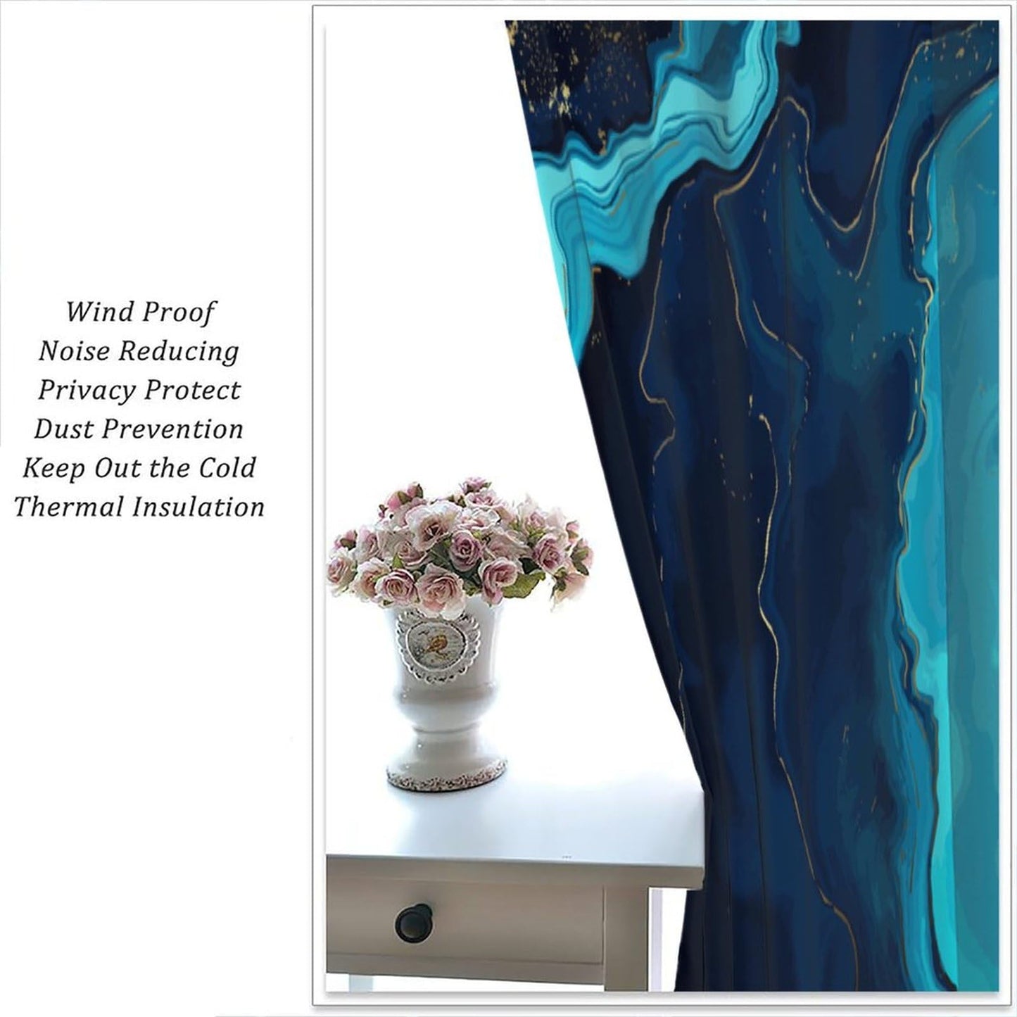 Blue Marble Curtains, Abstract Marble Texture Marbling Printed Window Treatments for Living Room Bedroom Kitchen Decor, Modern Elegant Blue Pink Drapes Set 2 Panels,42x45 Inches
