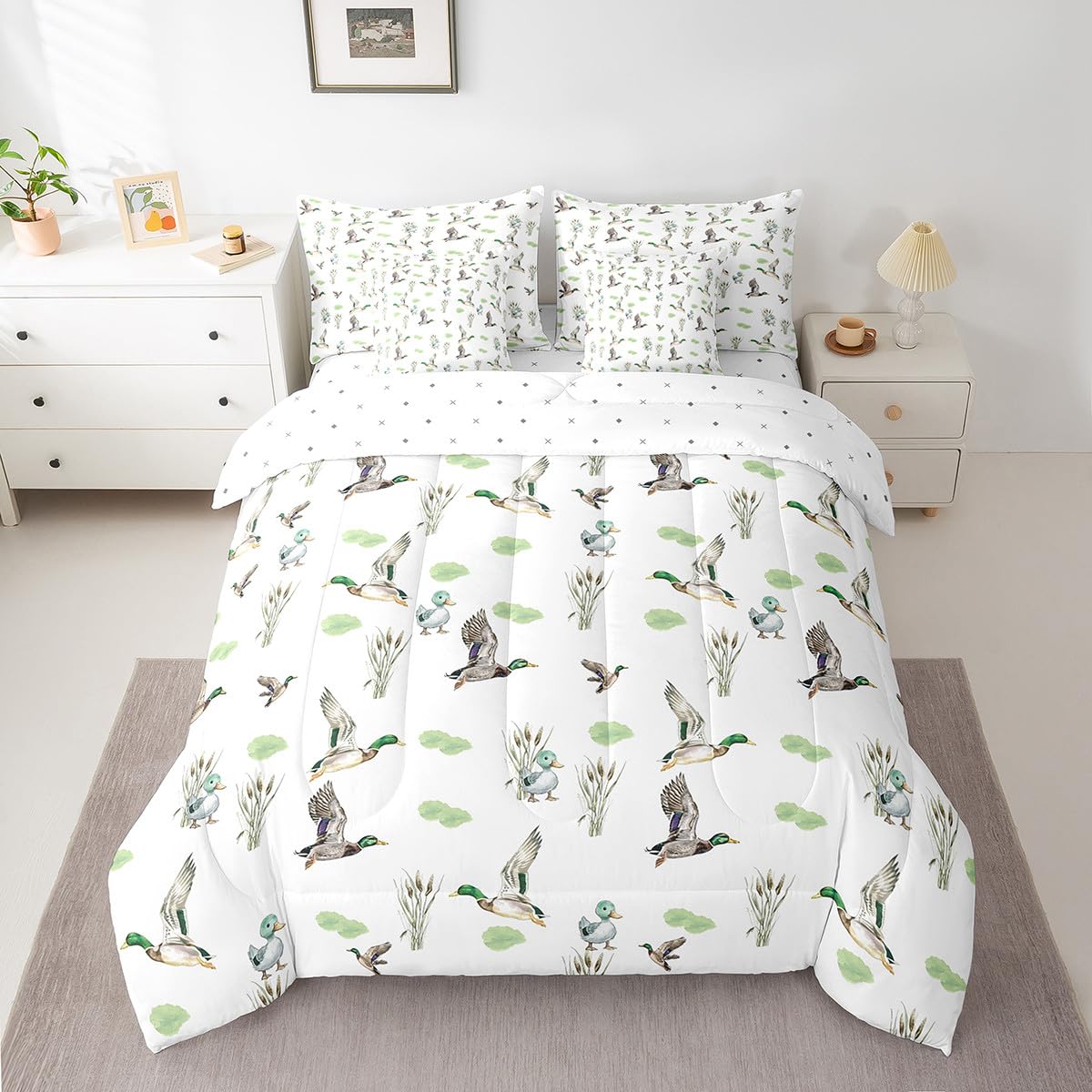 Erosebridal Mallard Duck 7 Piece Comforter Set Twin Bed in A Bag Woodland Wild Duck Bedding Set for Kids Boys Girls Waterfowl Flying Ducks Sheet Set Rustic Farmhouse Comforter Hunting Wildlife Theme