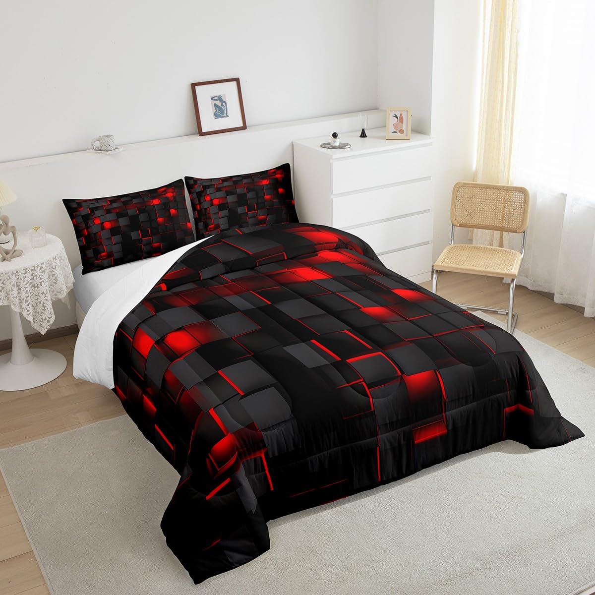 Feelyou Red and Black Bedding Set Full Size Light Geometric Comforter Set for Kids Boys Girls Decor Comforter Modern Duvet Set