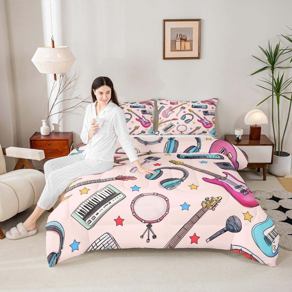 Erosebridal Rock Music Bedding Set Queen Musical Instruments Comforter Set for Kids Boys Girls Microphone Headphones Keyboard Down Comforter,Music Lovers Quilt Duvet
