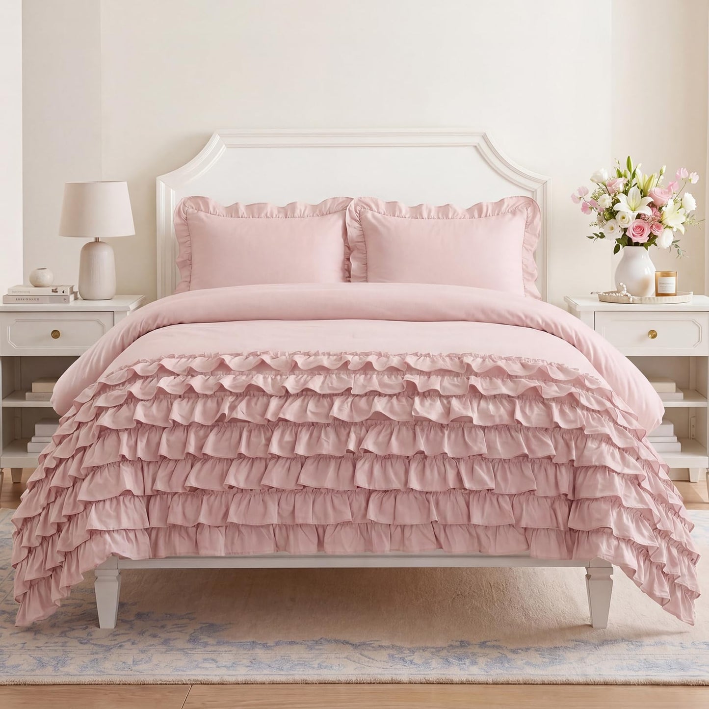 Bedorm 100% Cotton Duvet Cover Set King Pink Ruffle Bedding Set Multi-Layers Ruffled Design Shabby Chic Duvet Cover 3Pcs Soft Breathable Cotton Bed Set
