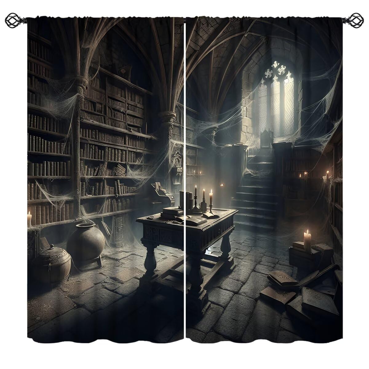 Nsbul Gothic Library Curtains, Mysterious Halloween Spooky Bookshelf Webs Dark Decor Window Treatment for Bedroom Living Room Festive Holiday, 42" W X 45" L(No Blackout)