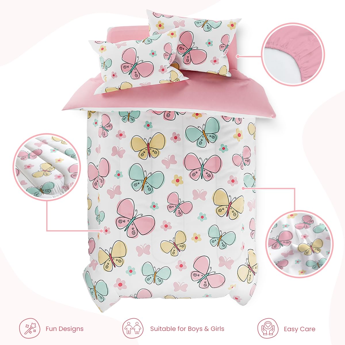 SANDJEST Butterfly Twin Bedding Sets for Girls, Ultra Soft Microfiber Comforter Set with 3-Pieces, Bed Sets for Kid Tween Teen Bedroom Decor