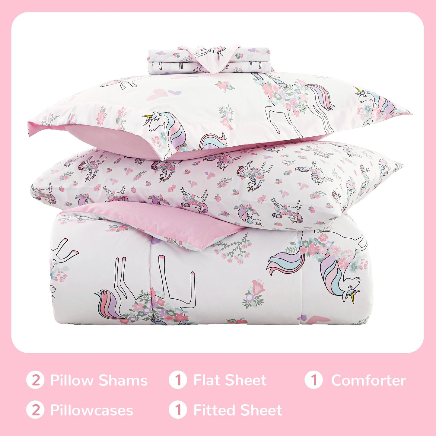 Viviland Kids Full Bedding Sets for Girls, Soft Full Comforter Set with Sheets, 7 Pieces Microfiber Bed in a Bag, White Unicorn