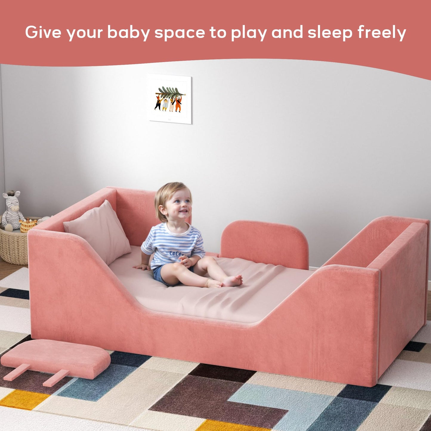 COSYSUPER Toddler Bed, Toddler Flood Bed with Extra Safety Broad, Standard Crib Size for Kids, Certified Fabric Toddler Beds, Pink