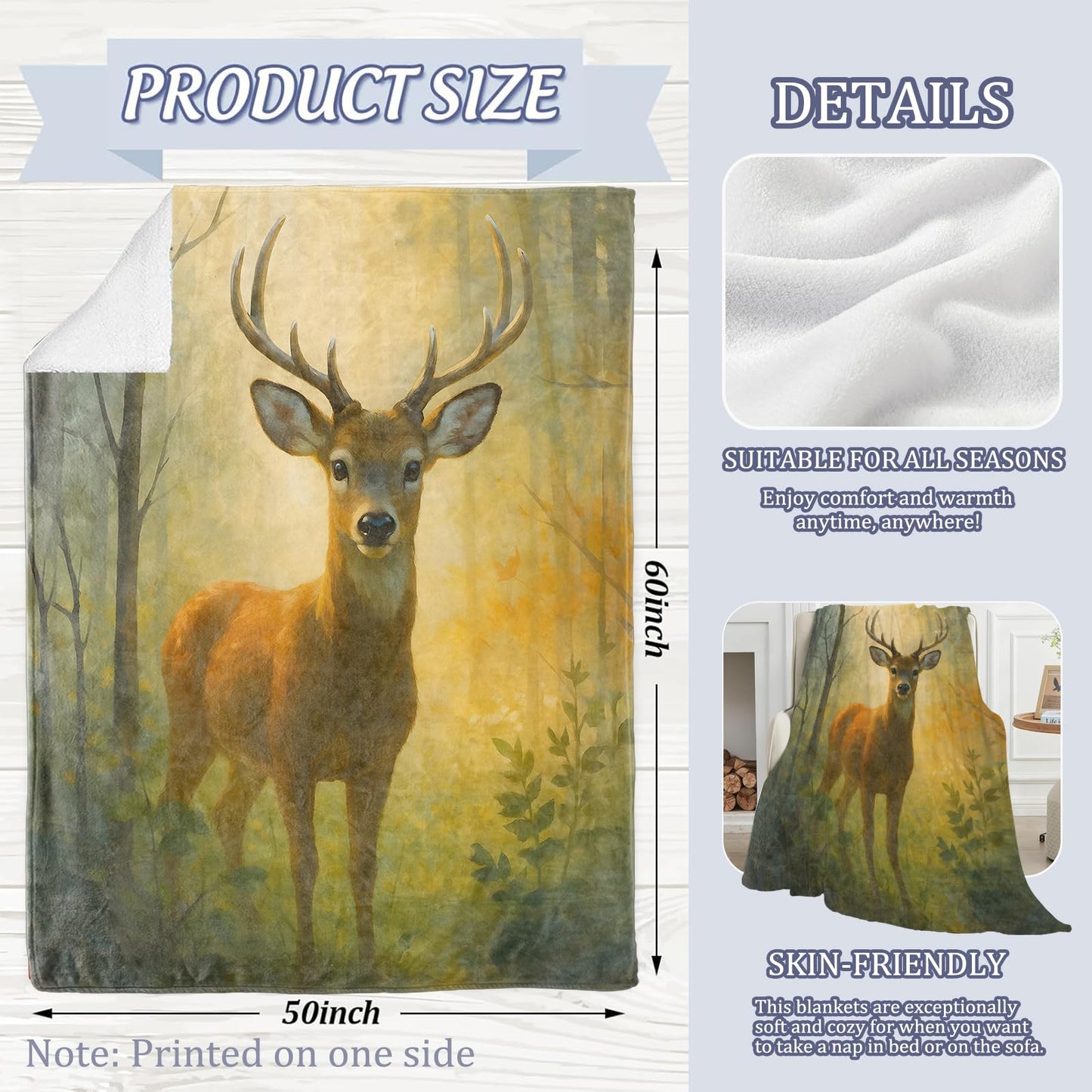 Serene Deer Blanket, 60 x 50 Inch Flannel Forest Animal Throw Blanket, Gifts for Women Girls Adults Kids, Lightweight Cozy Warm Blankets for Sofa Travel Home Decor