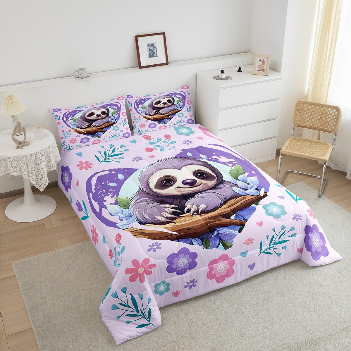 Manfei Cute Sloth Comforter Set,Kawaii Wild Animal Jungle Branch Bedding Set Kids Teens Modern Decor,Nature Flowers Leaves Graffiti Purple Comforter with 1 Pillowcase for All Seasons,Twin