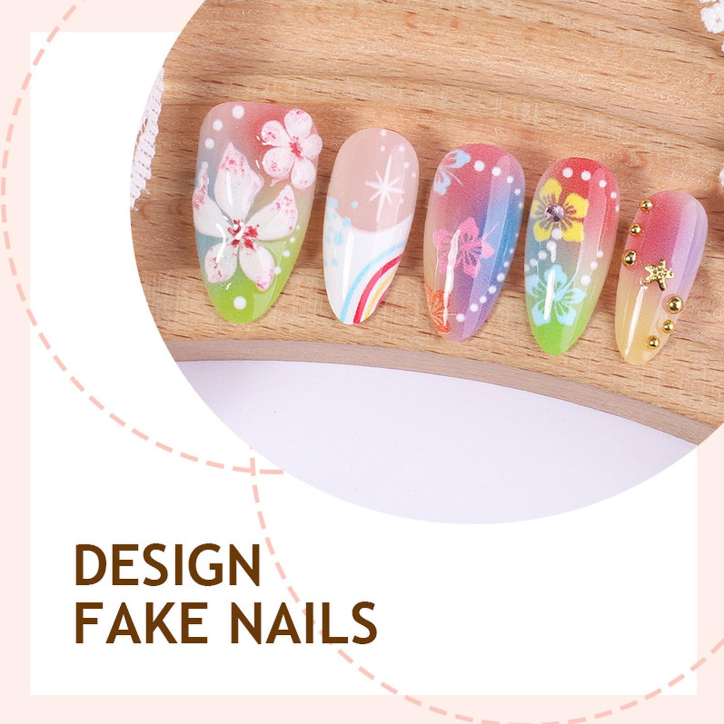 Medium Almond Press on Nails, 3D Flower Gradient Fake Nails with Dolphin, Rhinestones & Star Design,Glossy Full Cover Glue on Nails for Women, Colorful Spring-Summer Floral False Nails with Glue Tabs