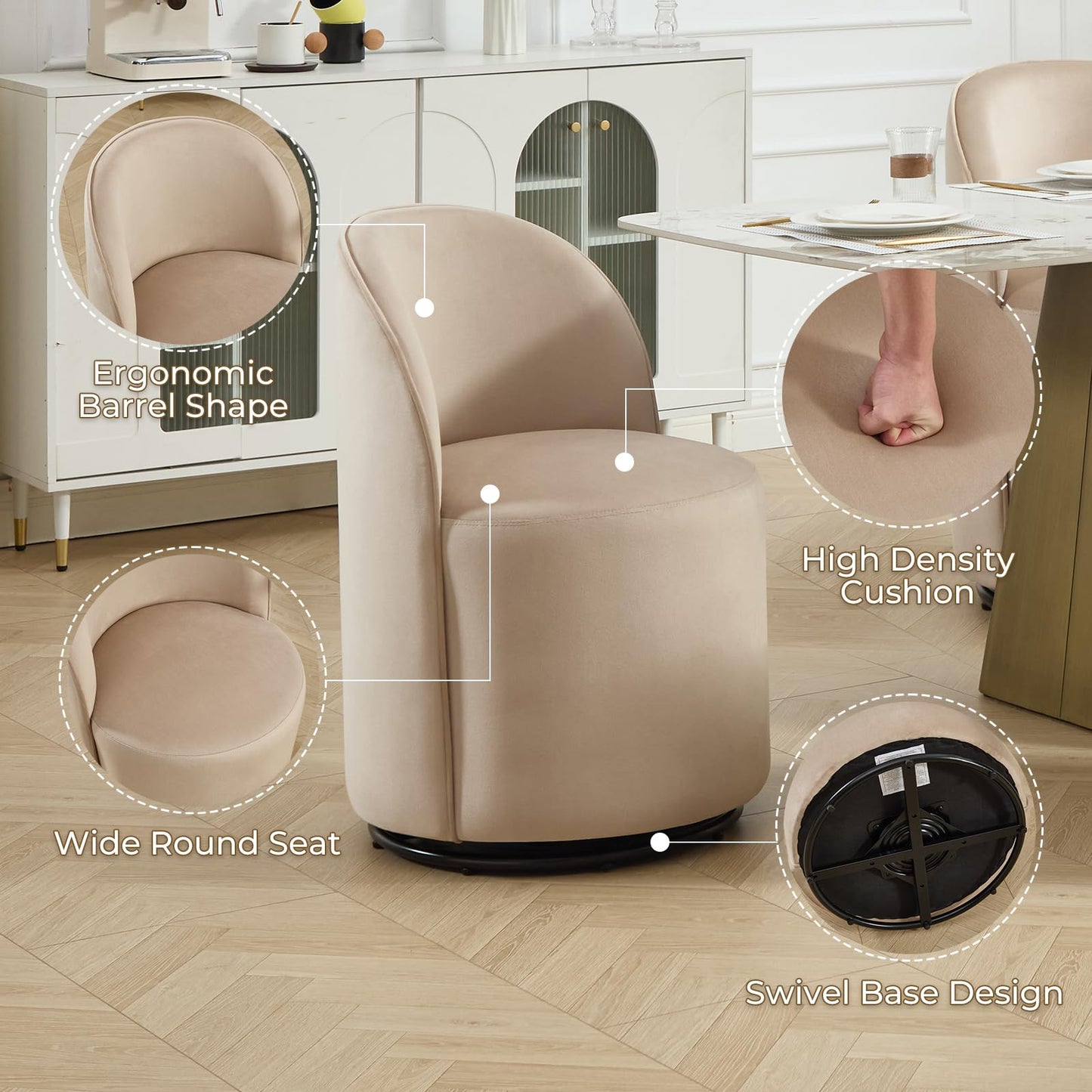 Orirsnug Modern Swivel Dining Chair Set of 1，Velvet Upholstered Swivel Barrel Chair with 360° Rotation, Comfy Round Armless Accent Vanity Side Chair for Kitchen/Dining Living Room/Bedroom, Khaki