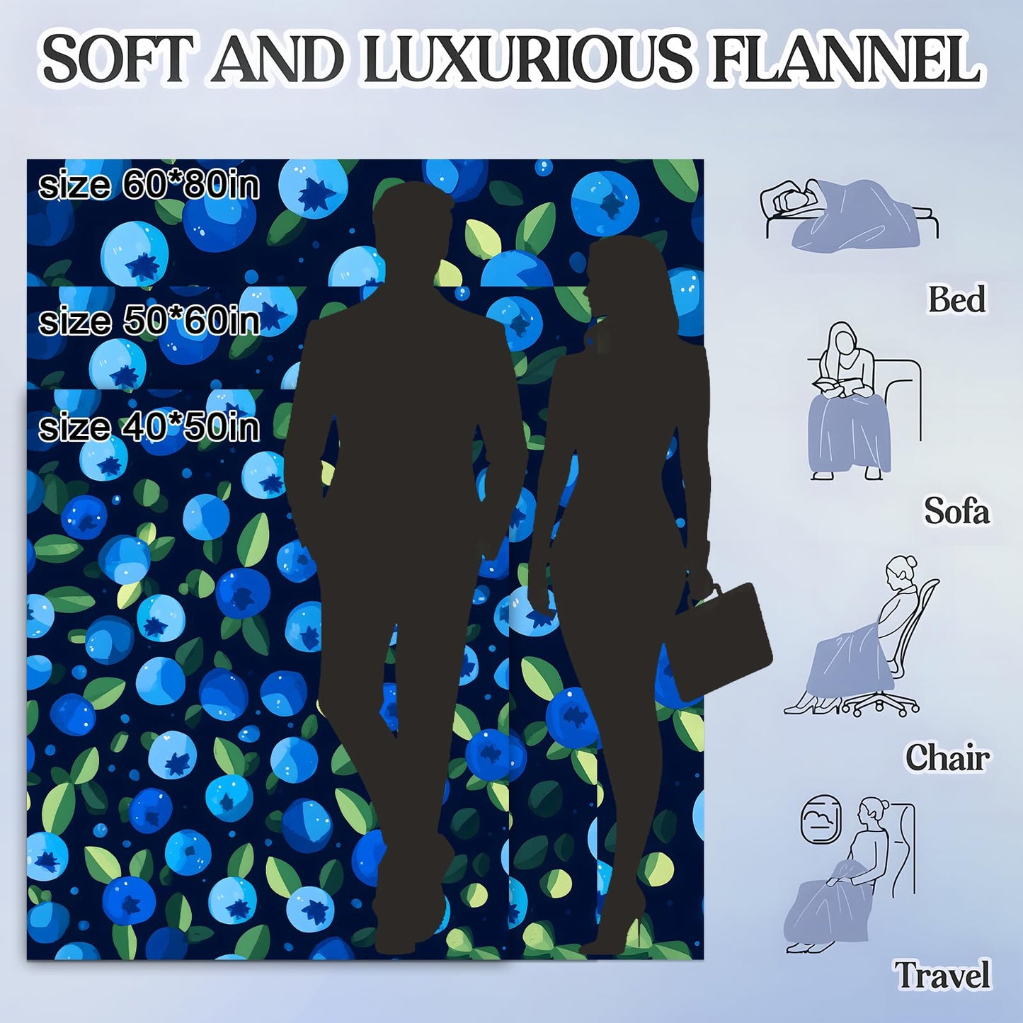 Wvcxnd Cute Blueberry Throw Blanket 50" X 60" Flannel Blankets Fresh Blue Fruit Lightweight and Breathable Decorative Throws for Car Cabin Picnic Travel Camping Women Teens Food Art Fans Gifts