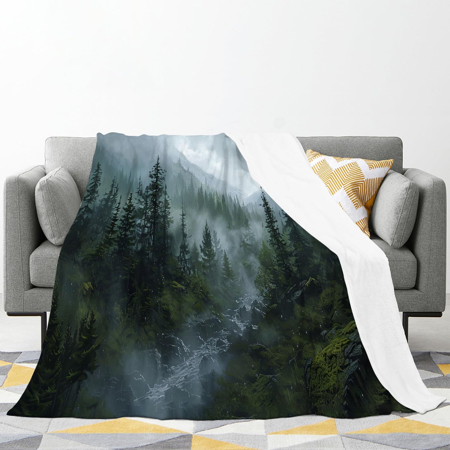 Baegopa Forest Blanket Misty Mountain Tree Throw Blanket Cozy Plush Fleece Flannel Green Nature Blankets Landscape Party Gifts for Girls Boys Women Men 50"X40"