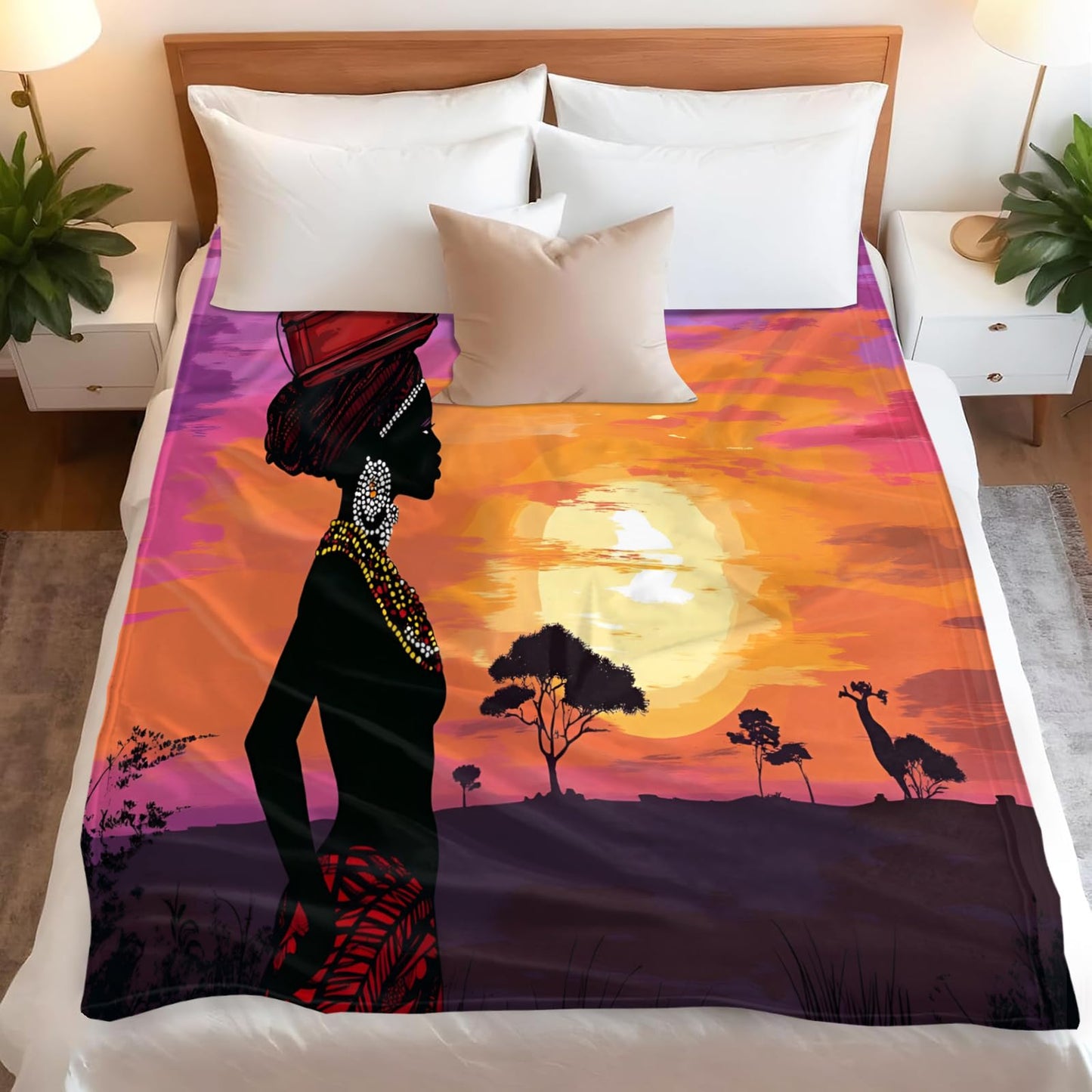 African Blankets & Throws, African Woman Throw Blanket for Couch Bed Sofa, Sunset Throws and Blankets - Super Soft Cozy Plush Flannel Blanket & Gifts, 40x50