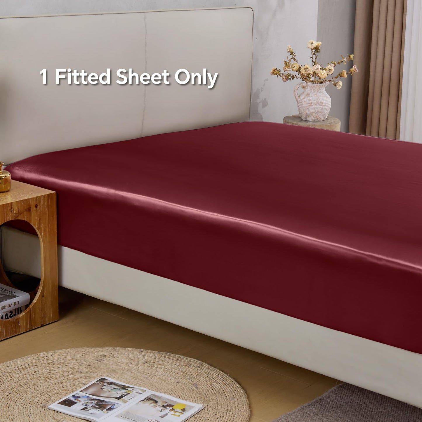 BEDELITE Satin Fitted Sheet Queen with Elastic Corner Straps, Luxury Soft Silk-Like Bed Sheet for Hair & Skin, 1 Deep Pocket Fitted Sheet Only Fits 15" Mattress, Fade & Wrinkle Resistant, Burgundy