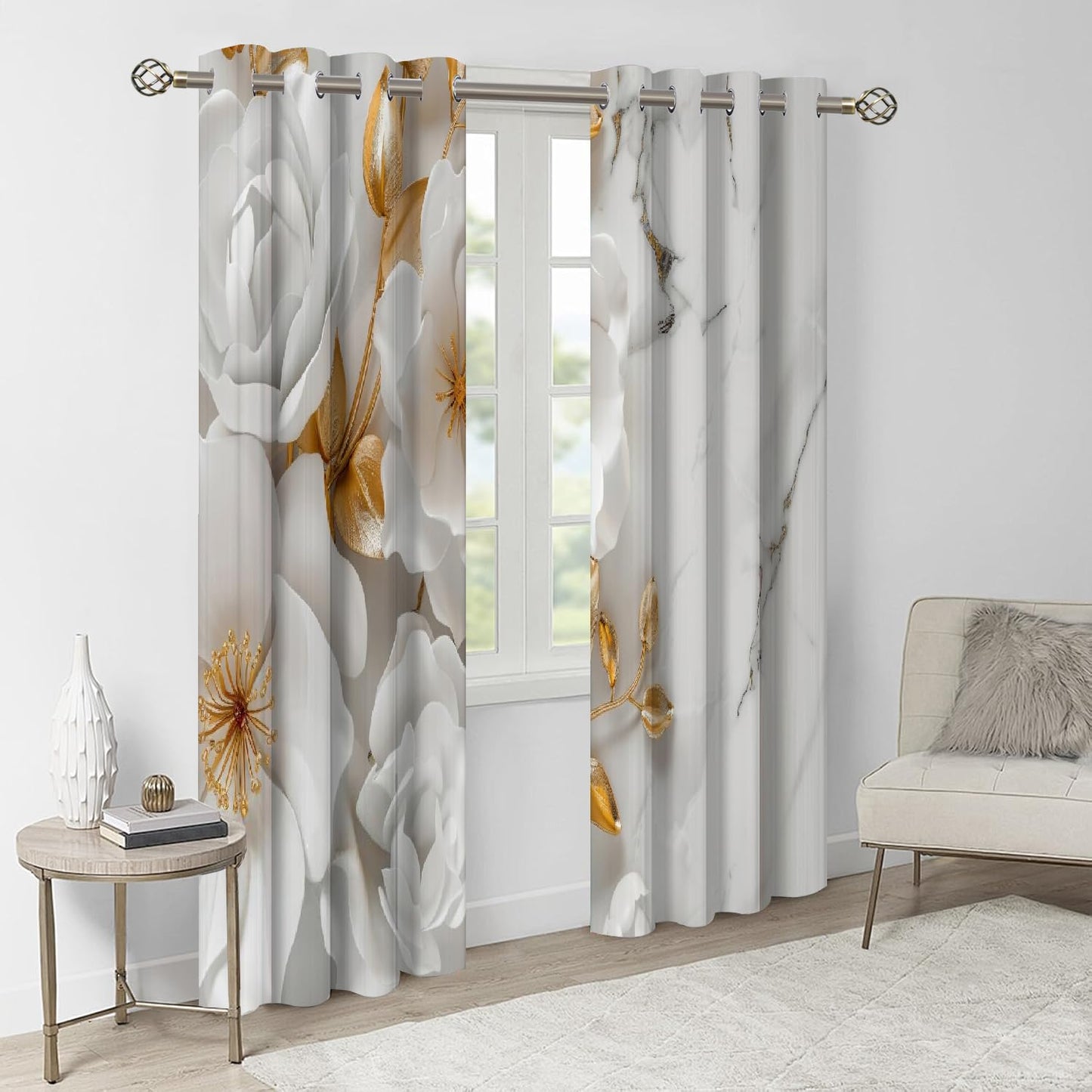 White Elegant Flowers Blackout Curtains, Golden Bright Leaves 3D Print Drapes Set of 2 Panels, Grommet Thermal Insulated Darkening Window Drapes for Living Room Bedroom(84" W x 84 "L)