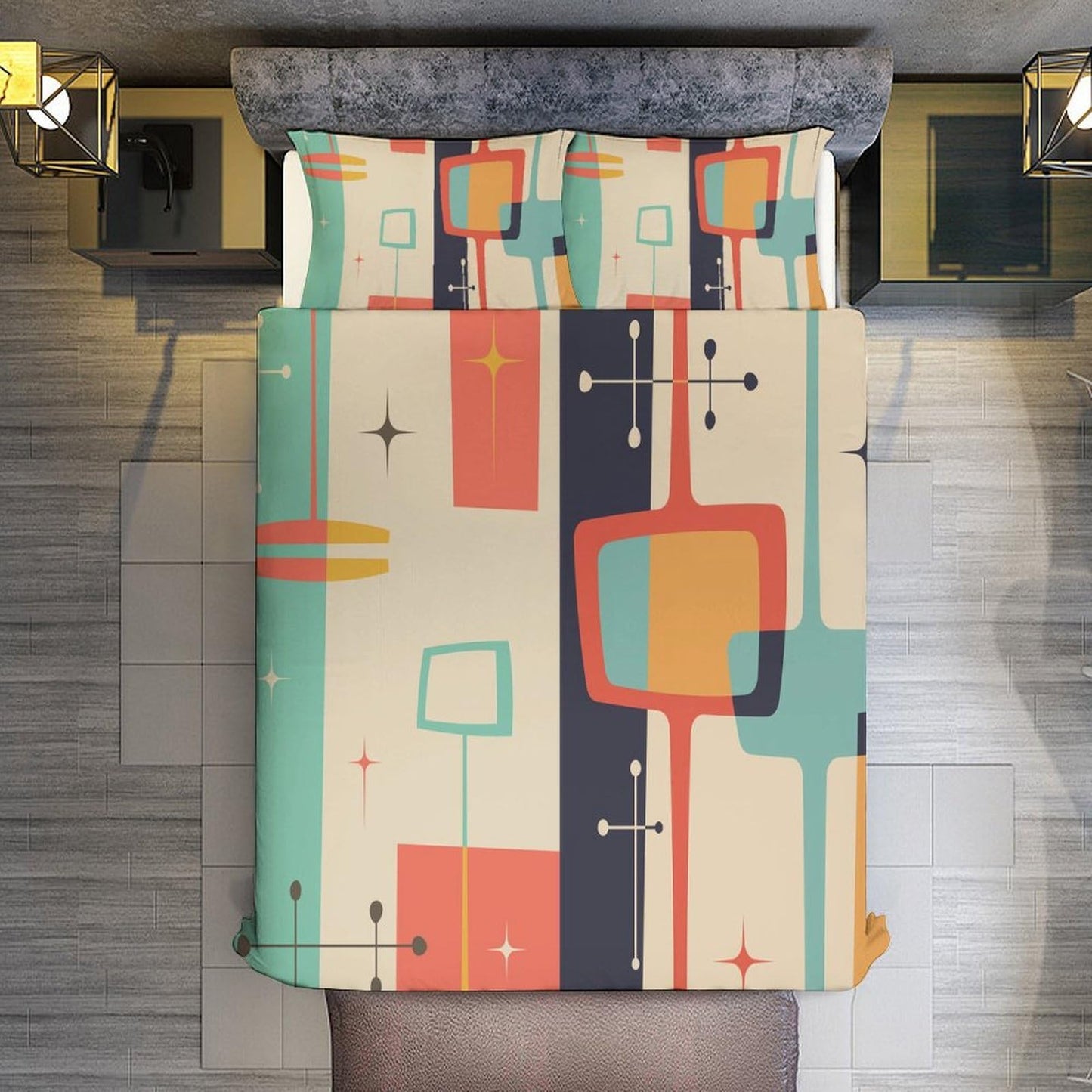 Mid Century Duvet Cover Queen Retro Atomic Bedding Set, Rainbow Grid Comforter Cover Vintage Fifties 1950s Bed Set，Abstract Art Bedding 3 Piece (1 Duvet Cover 86"x70" + 2 Pillow Sham 20"x30")