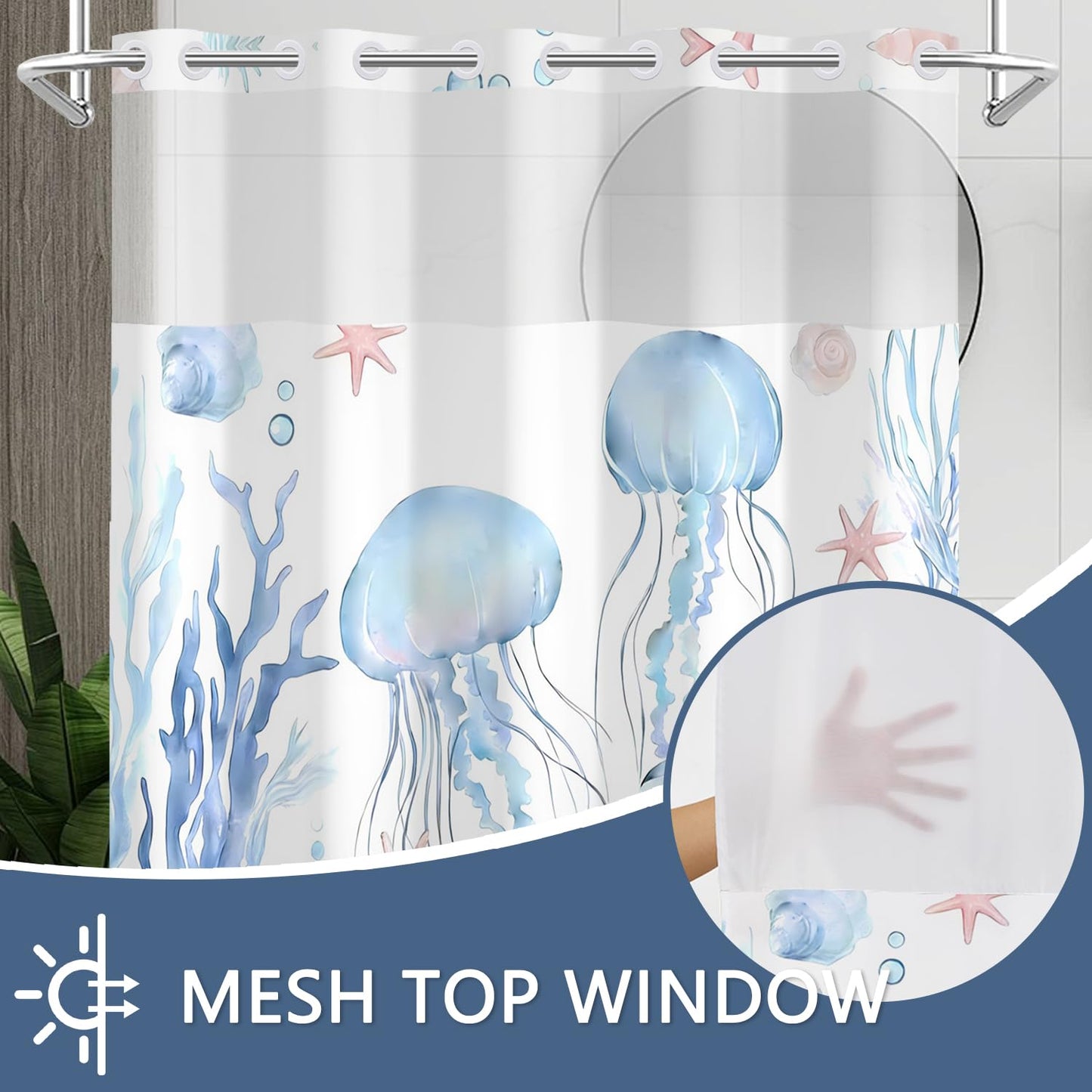 Xiazhilaio Ocean Jellyfish No Hook Shower Curtain and Liner Set 71x74 Inch