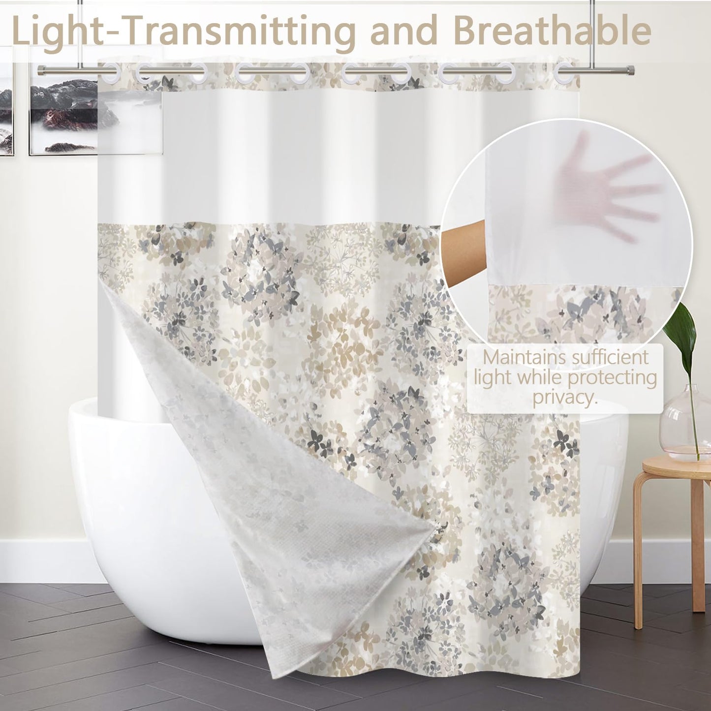 NAEMBCU Modern Floral Shower Curtain with Snap in Liner Waterproof