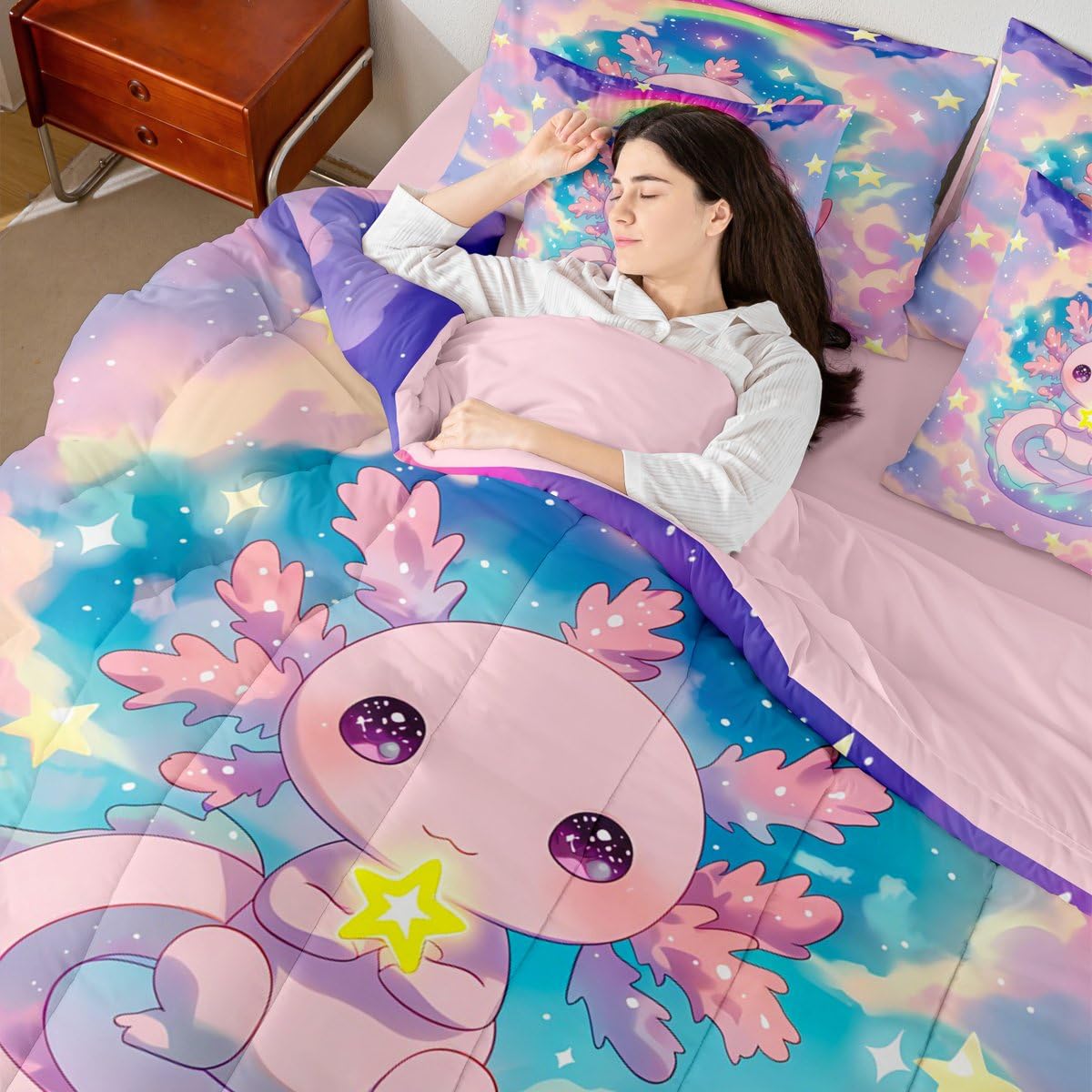 Girls Axolotl Queen Comforter Set Preppy Cute Axolotl Bed in a Bag with Flat and Fitted Sheet for Kids Boys Teens Dreamy Cloud Stars Rainbow 7-Piece Bedding Set Cartoon Ocean Animal Quilt Duvet Sets